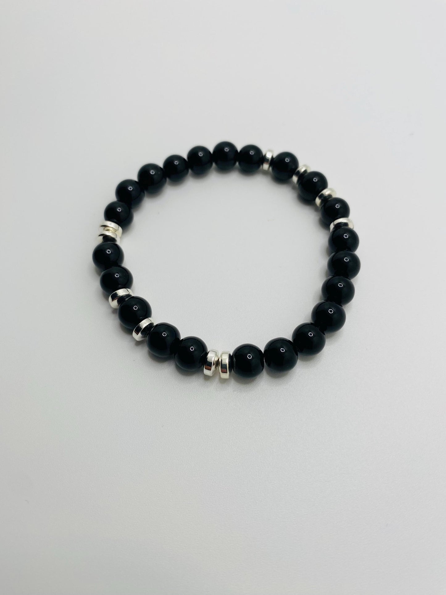 Black Onyx Beaded Bracelet for Men: Silver Plated Accents