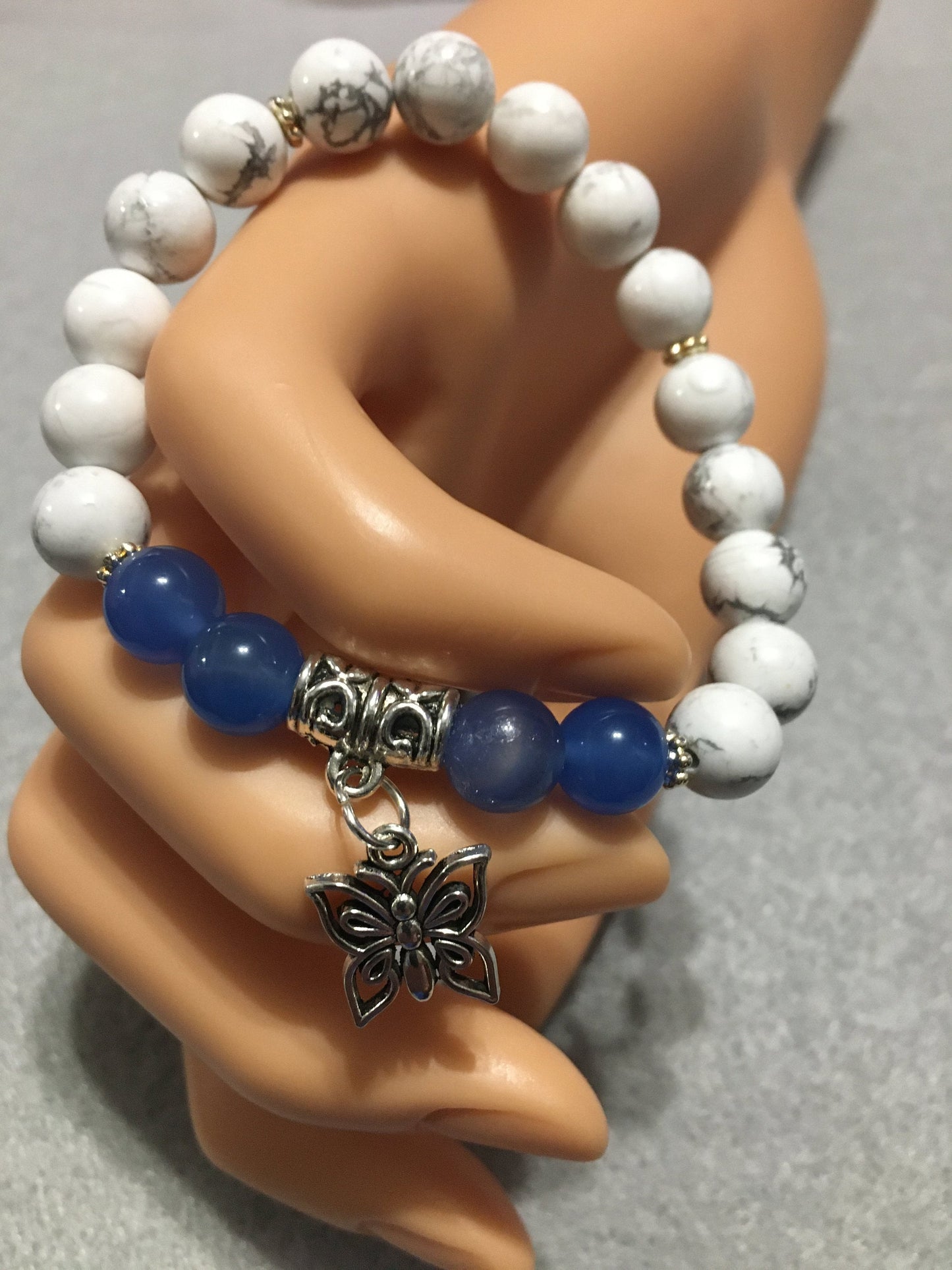 Butterfly Charm Bracelet: Blue Lace Agate & Howlite Gemstone Beads