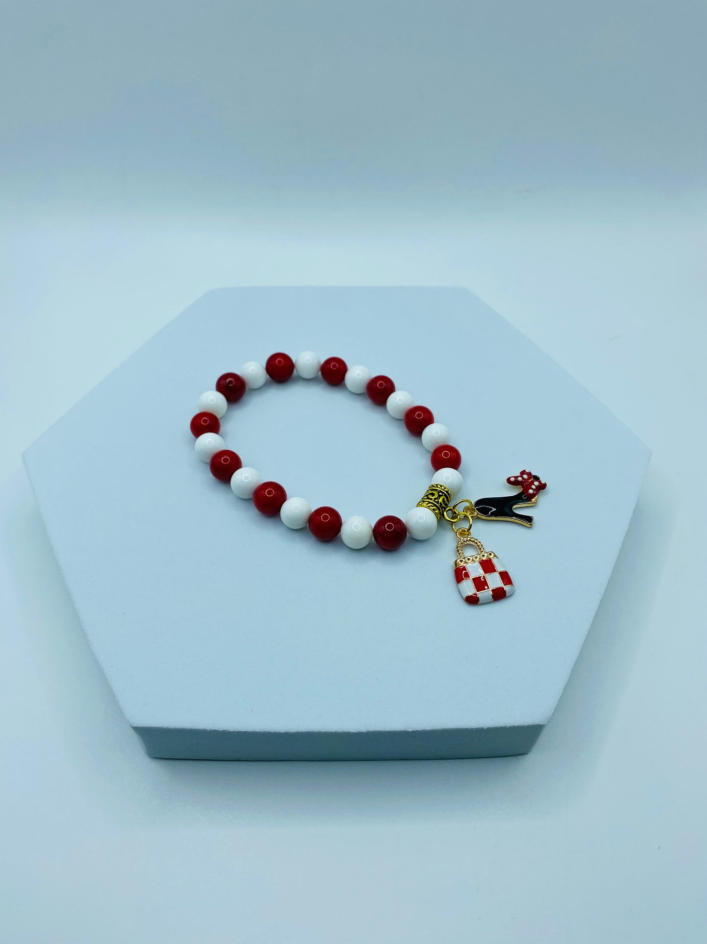 Charm Bracelets with Purse Charm & Shoe Charms - Red Coral, White Porcelain Gemstone Beads - Gifts for Her