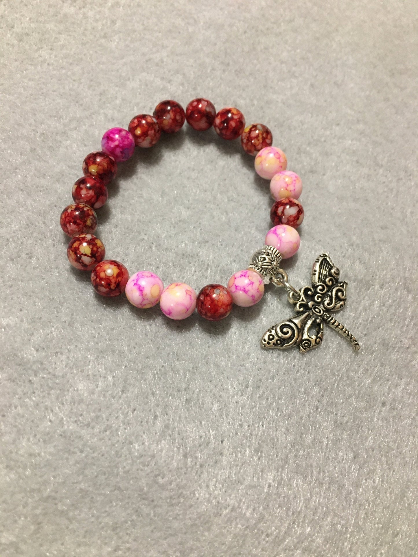 Dragonfly Charm Bracelet: Pink Acrylic Bead Stretch Bracelet