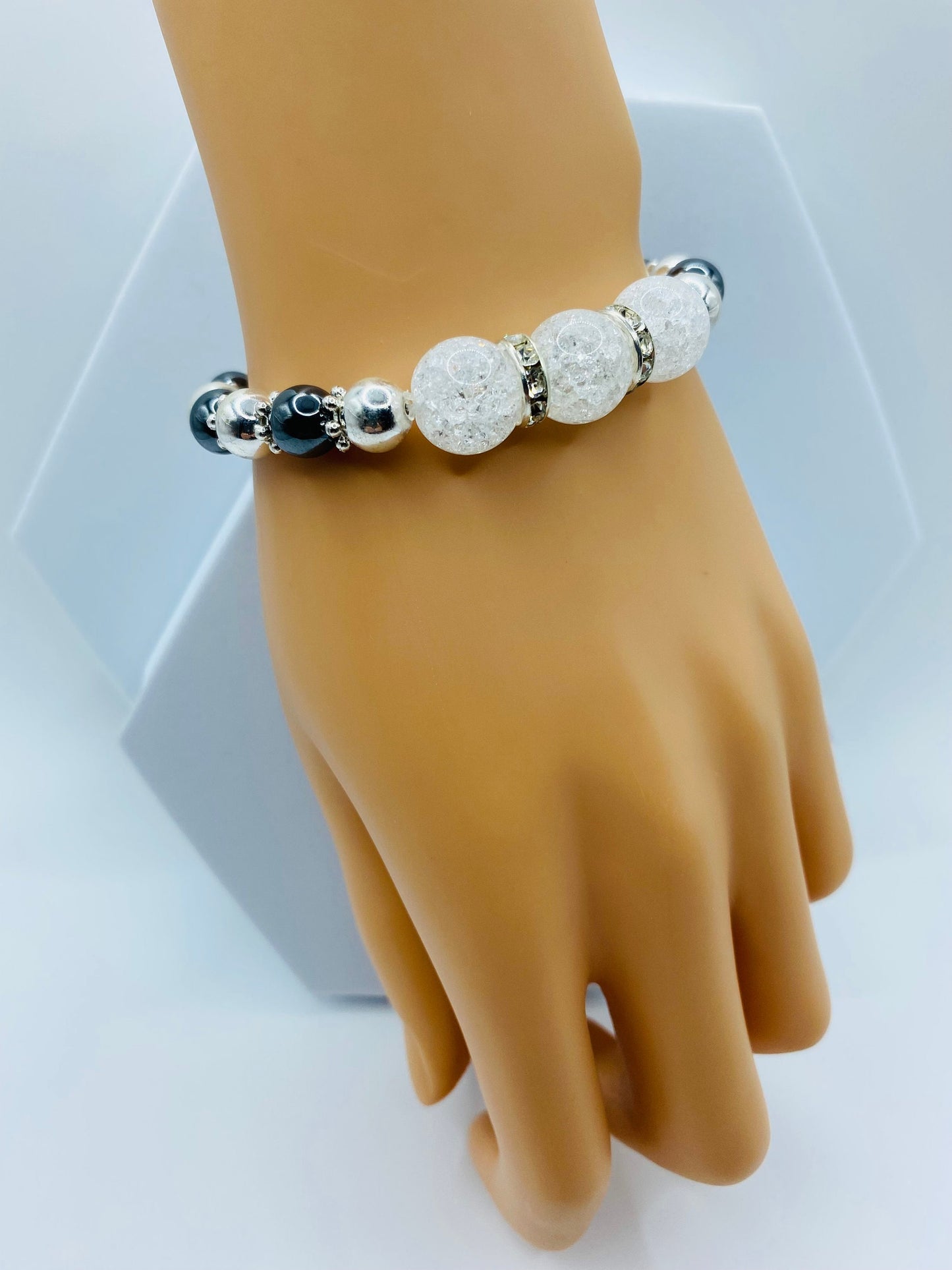 Quartz Crystal Bracelet with Silver & Black Hematite Gemstone Beads - Bracelets for women - Mens Bracelet