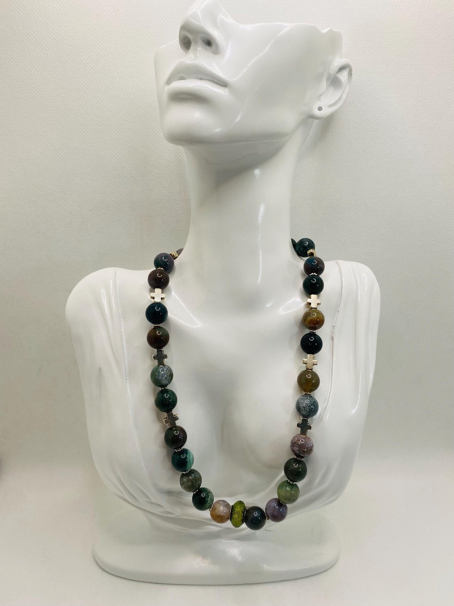 Moss Agate Necklace: Religious Cross Medallion, Antique Silver