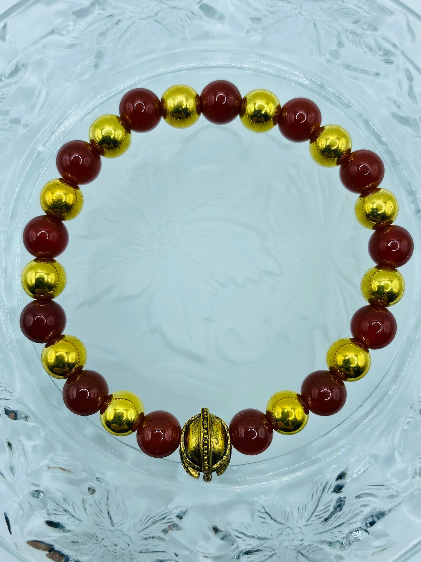 USC Trojans Bracelet: Red Carnelian & Gold Spartan Helmet Beaded Bracelet
