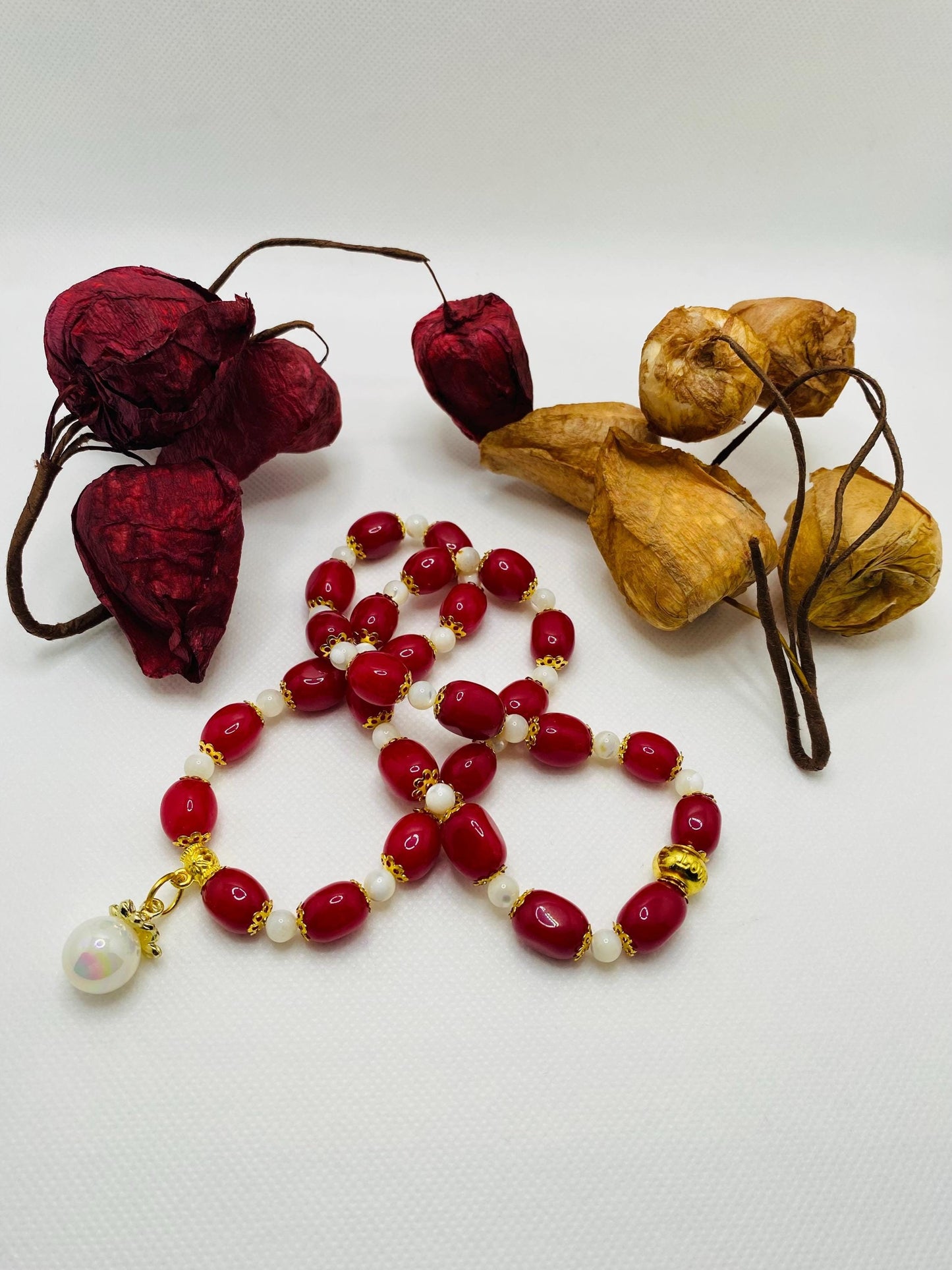 Handmade Red Jade Necklace: Mother of Pearl, Faux Pearl Pendant