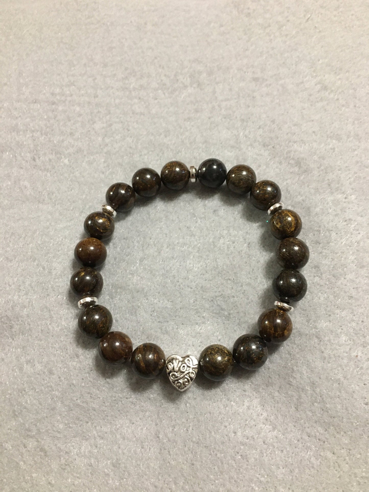 Bronzite Gemstone Bracelet with Love Heart Charm & Hematite Spacers