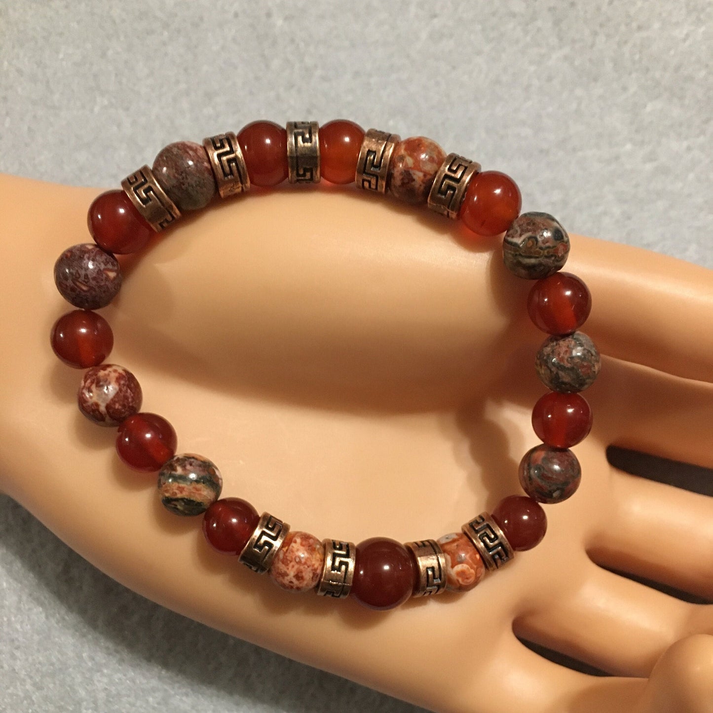 Carnelian & Red Jasper Bracelet: Tibetan Tube Spacers, Gemstone Beads