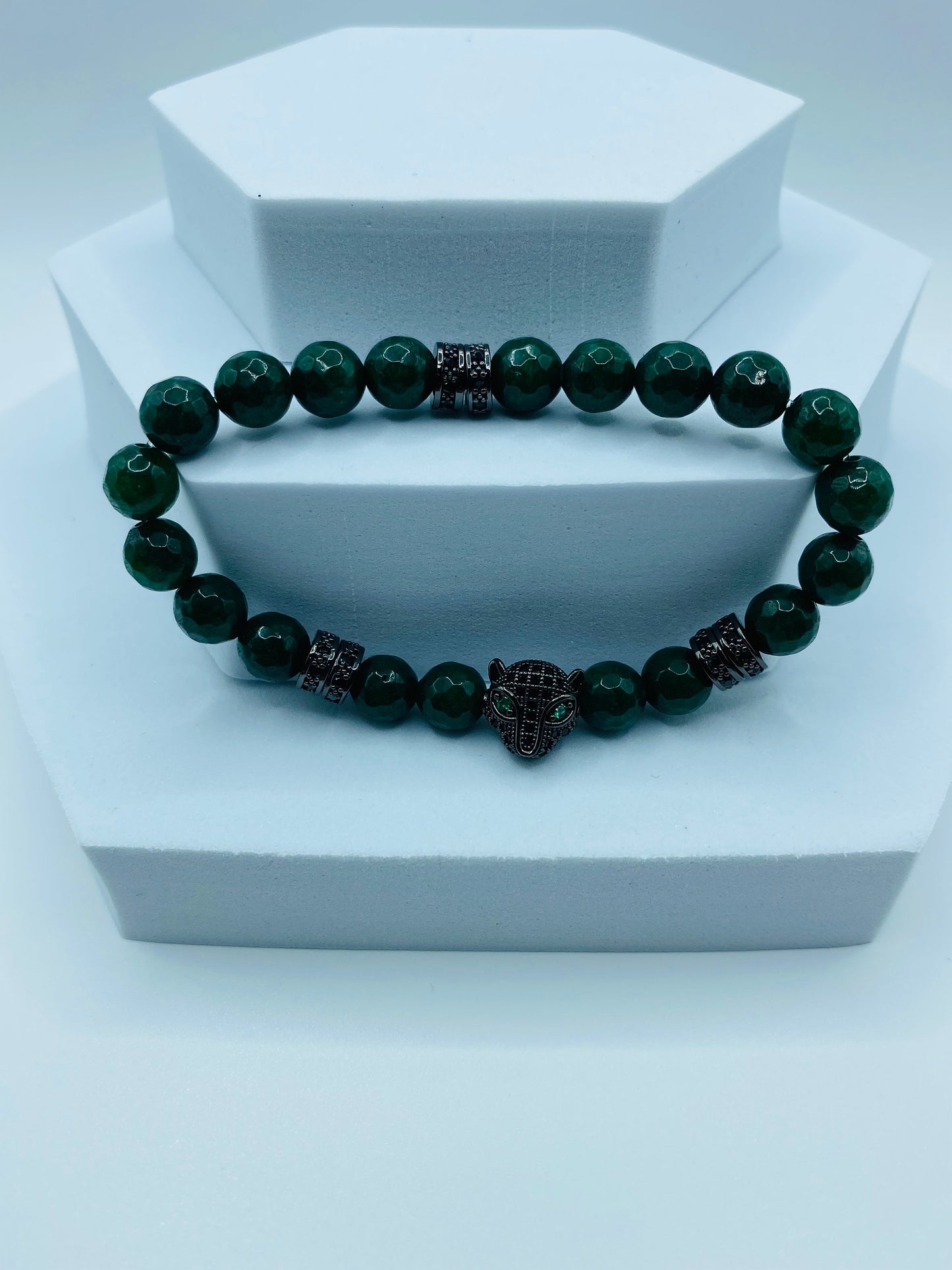 Emerald Green Jade Bracelet: Black Panther Charm, Rhinestone Spacers