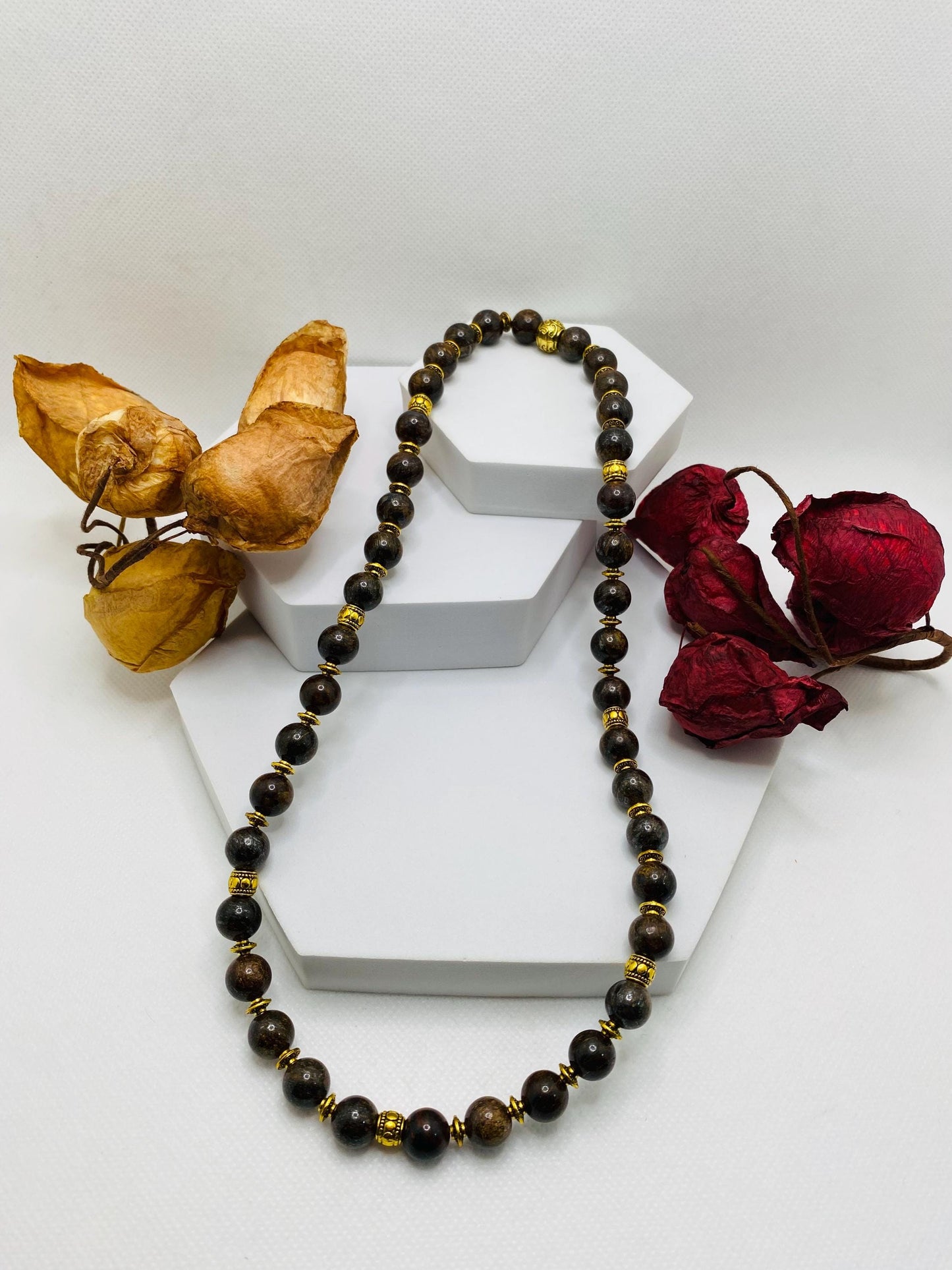 Bronzite Beaded Necklace: Unisex Gemstone Jewelry with Tibetan Spacers