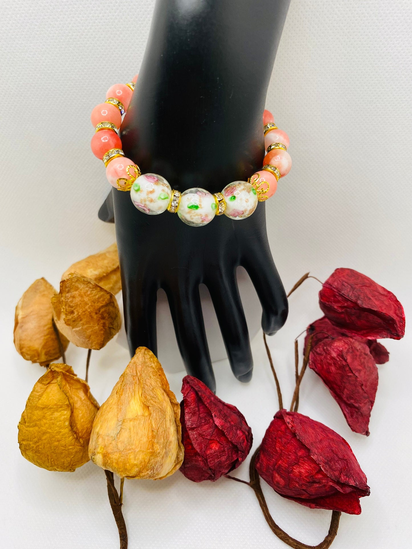 Jade Bracelet: Pink Lampwork Glass Beads, 18k Gold Rondelles