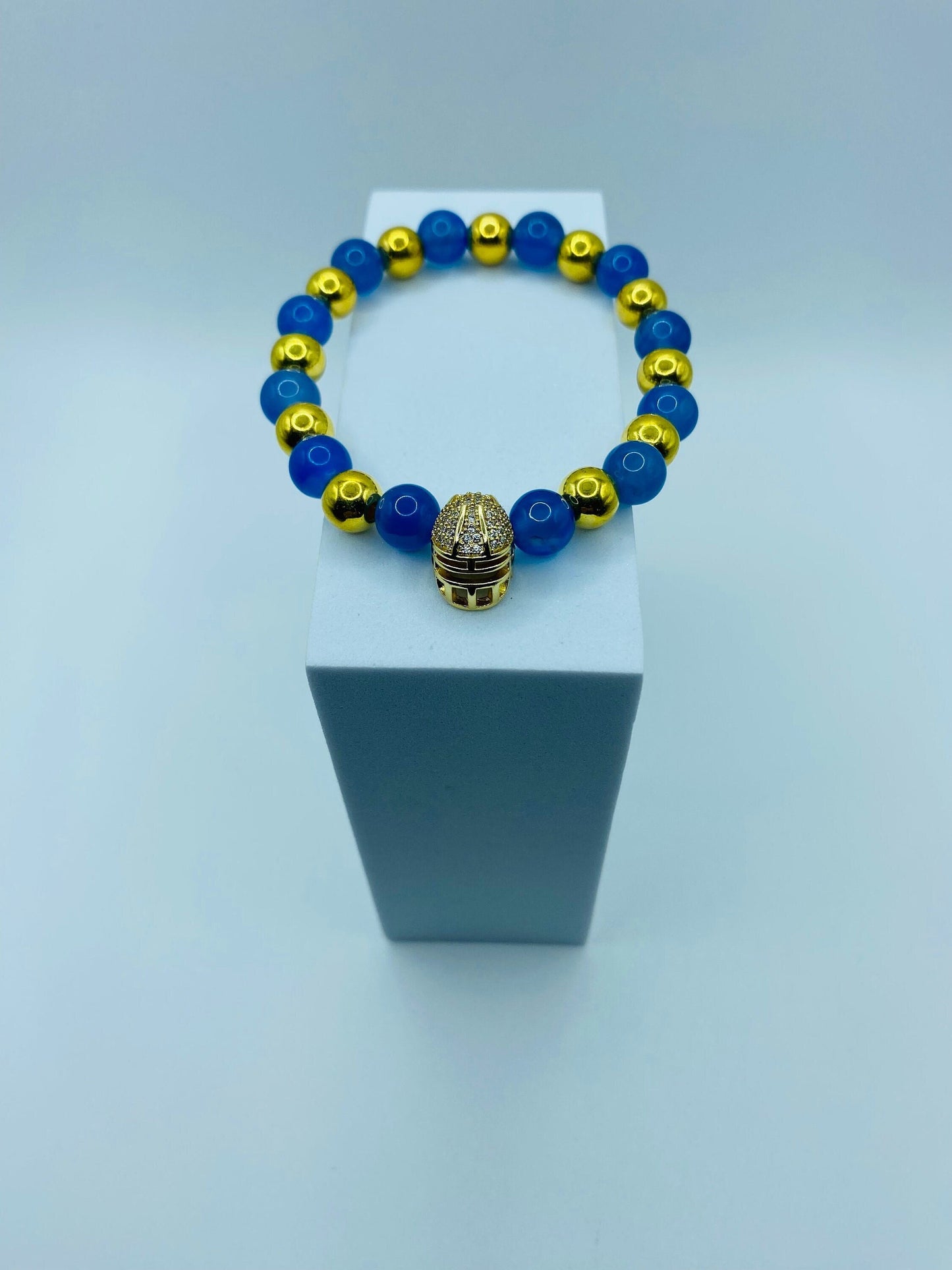 UCLA Football Bracelet: Blue Agate, Gold Helmet Charm
