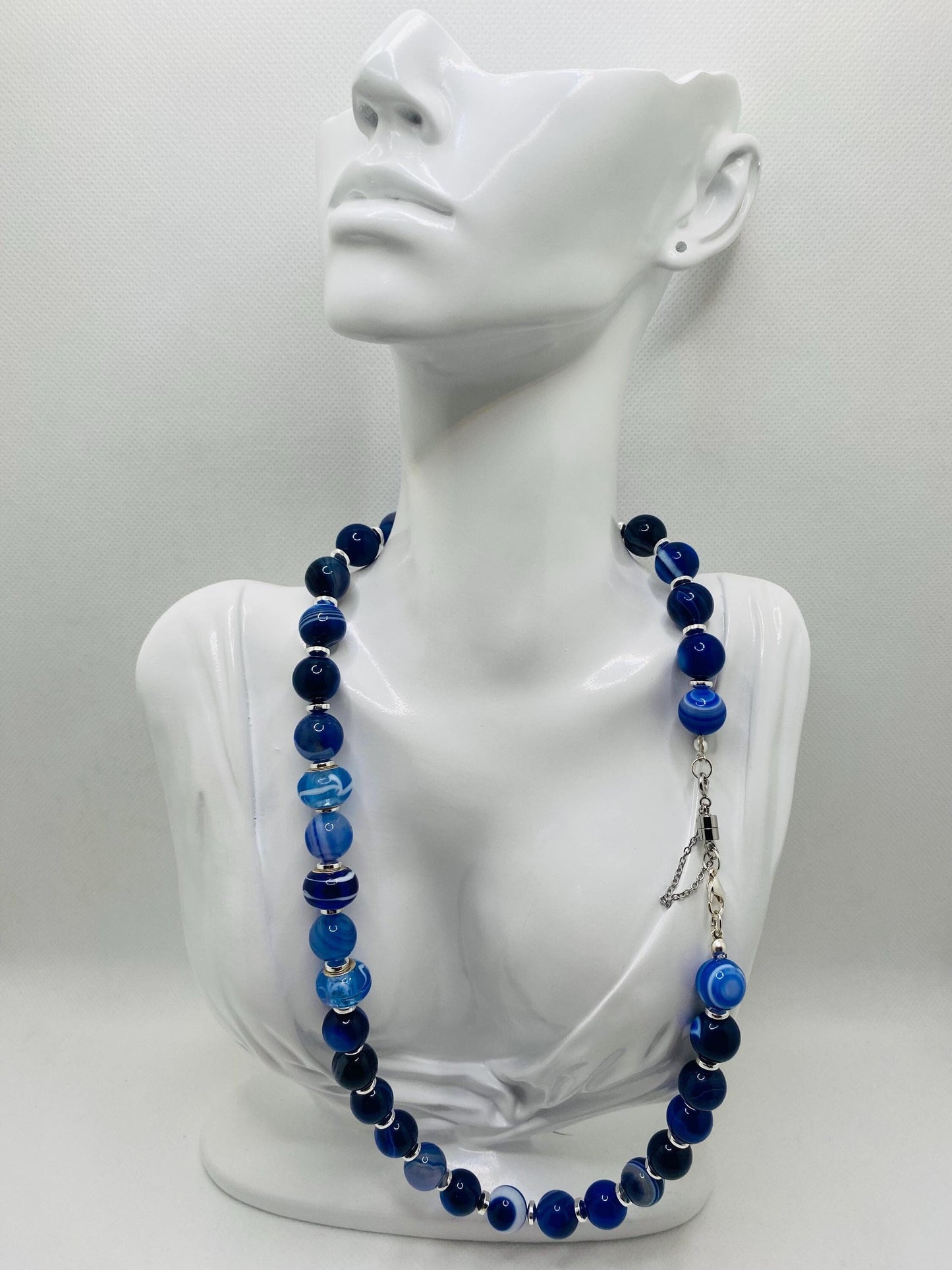 Blue Lace Agate Gemstone Necklace: Silverplated Hematite Rondelle Spacers