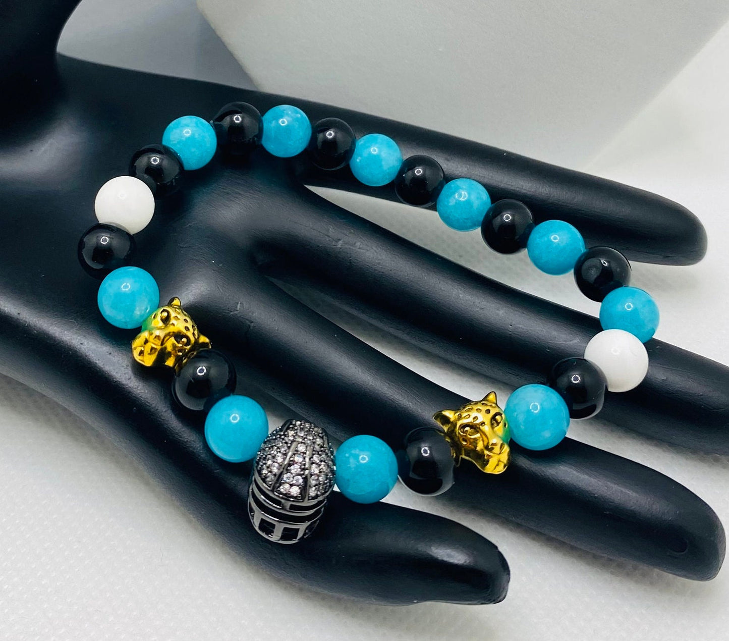 Mens Bracelet Jacksonville Jaguars Custom Jewelry with Football Helmet & Natural Gemstone Beads