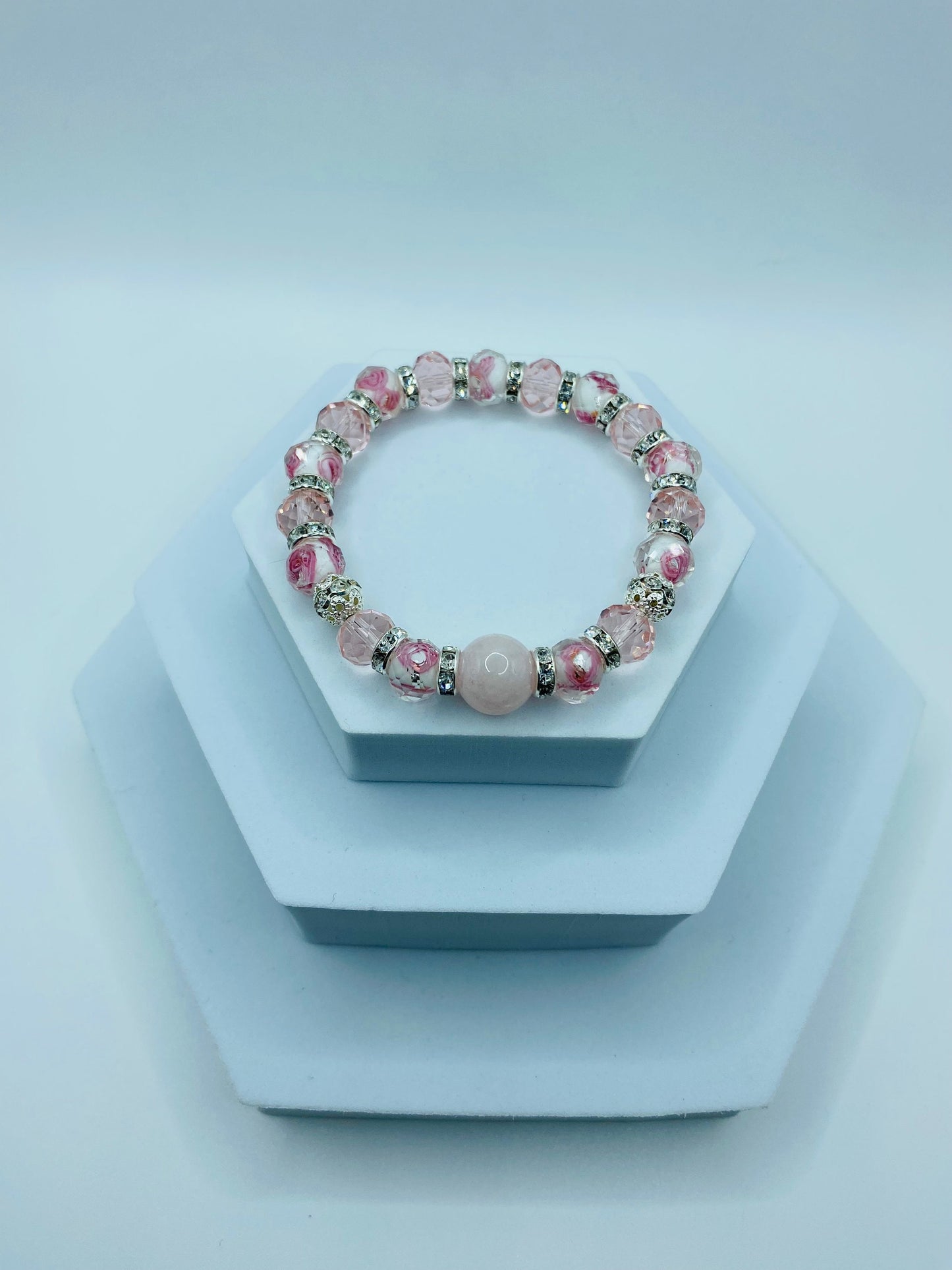 Lampwork Beads Flower Girl Bracelet - Rose Quartz Crystal Bracelets for Women - Pink Glass Beads