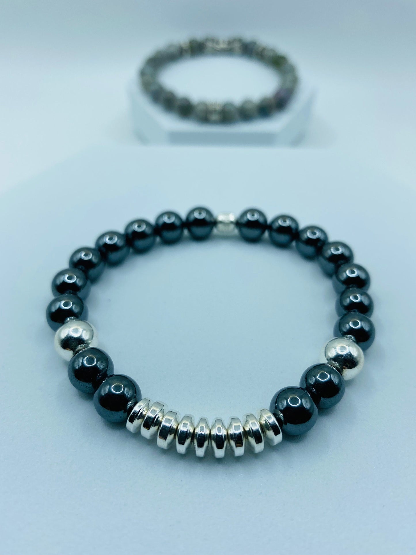 Mens Hematite Beaded Bracelet: Silver Plated Gemstone Jewelry