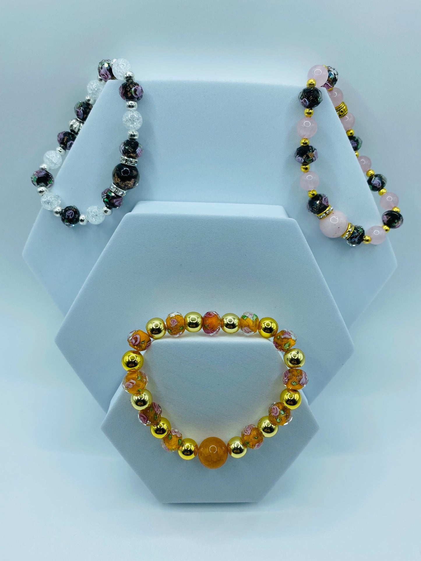Handmade Fire Agate Bracelet: 18K Gold Hematite & Lampwork Floral Beads