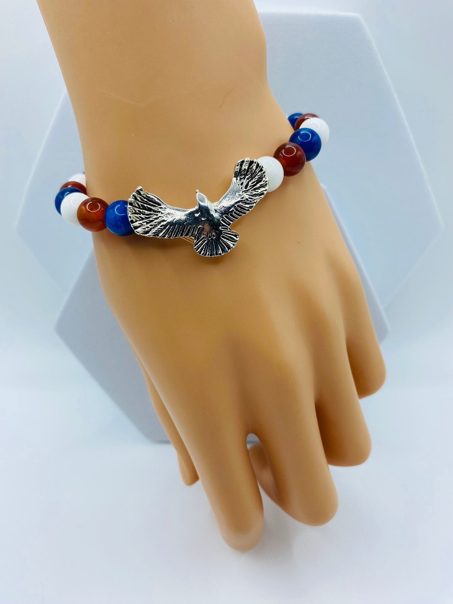 Eagle Charm Bracelet: Red, White & Blue Gemstone Beaded Patriotic Jewelry