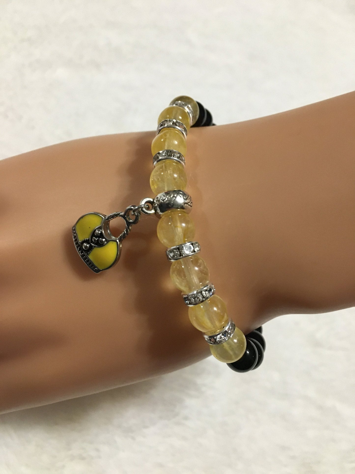Citrine & Black Onyx Bracelet: Silver Purse Charm, Rhinestone Accents