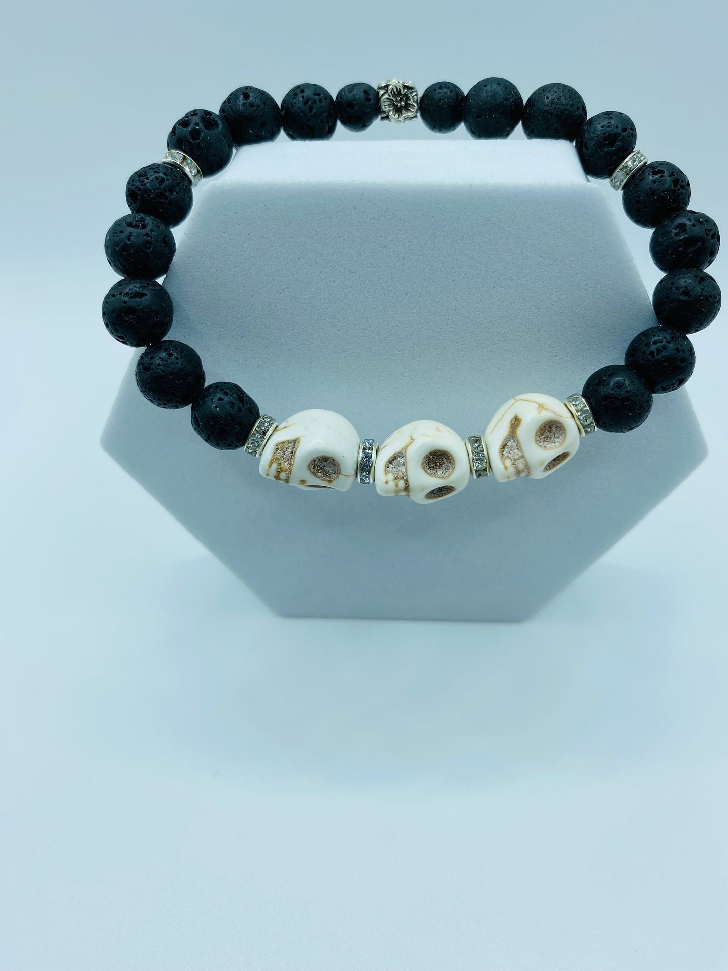 Day of the Dead Lava Rock Bracelet, White Skull Beads & Metal flowers - Dia de Los Muertos - Gift for Him
