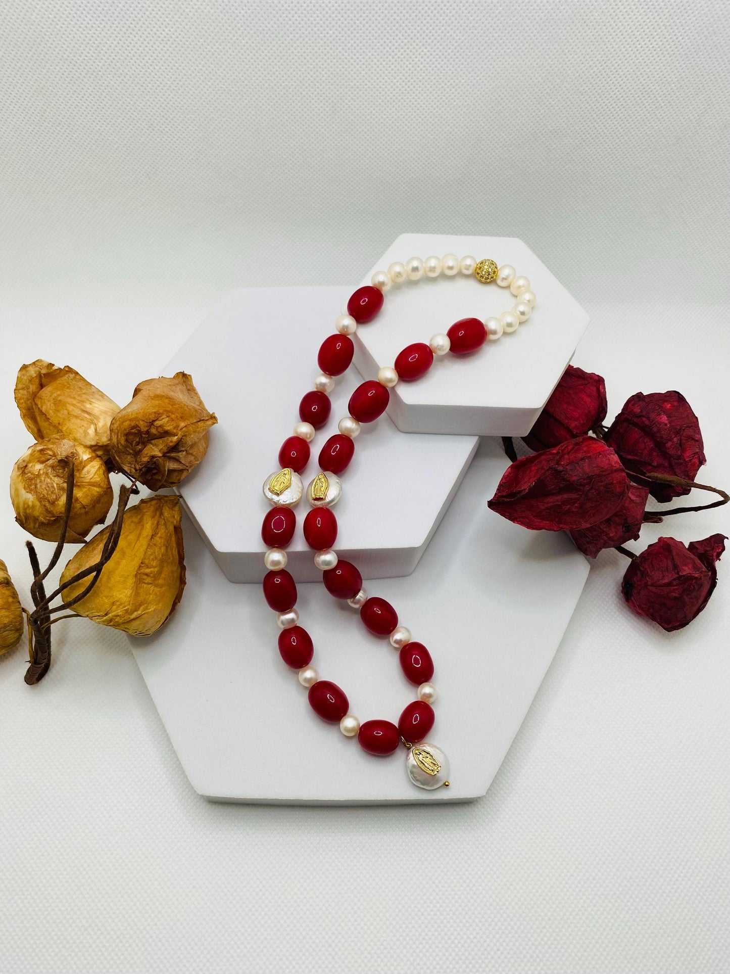 Handmade Red Jade Pearl Necklace: Virgin Mary Religious Jewelry