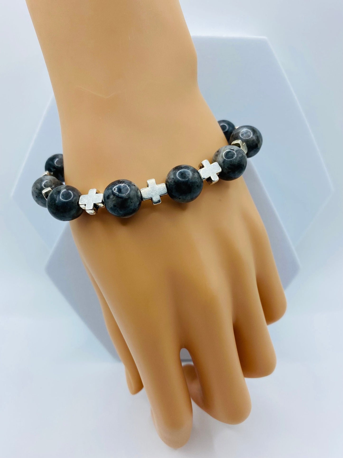 Mens Labradorite Beaded Bracelet with Silver Cross Charms