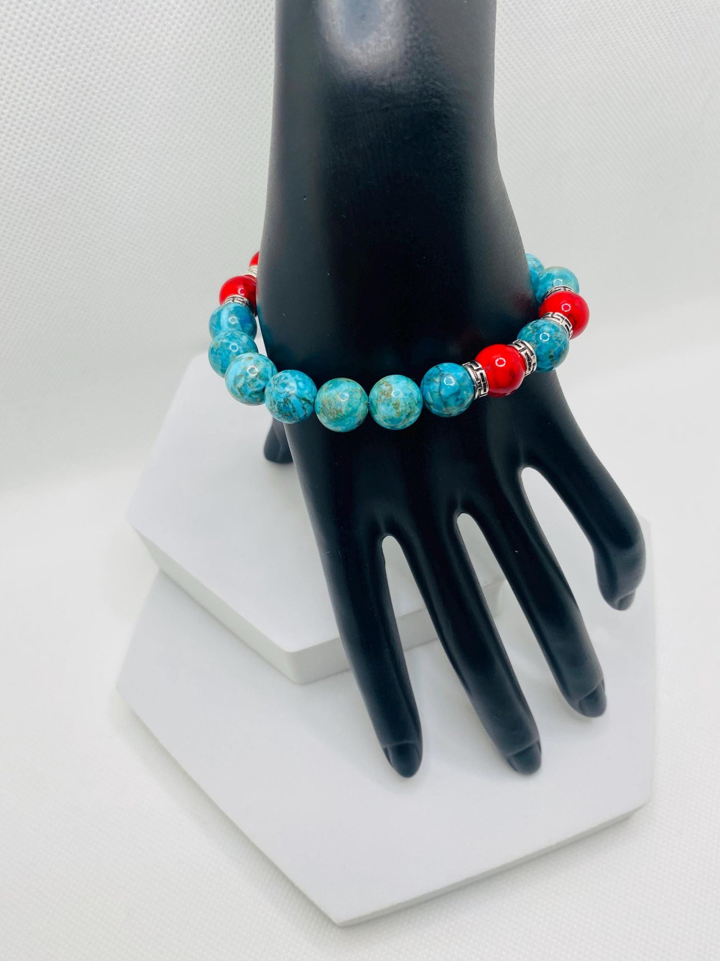 Turquoise & Red Gemstone Bracelet with Tibetan Spacers