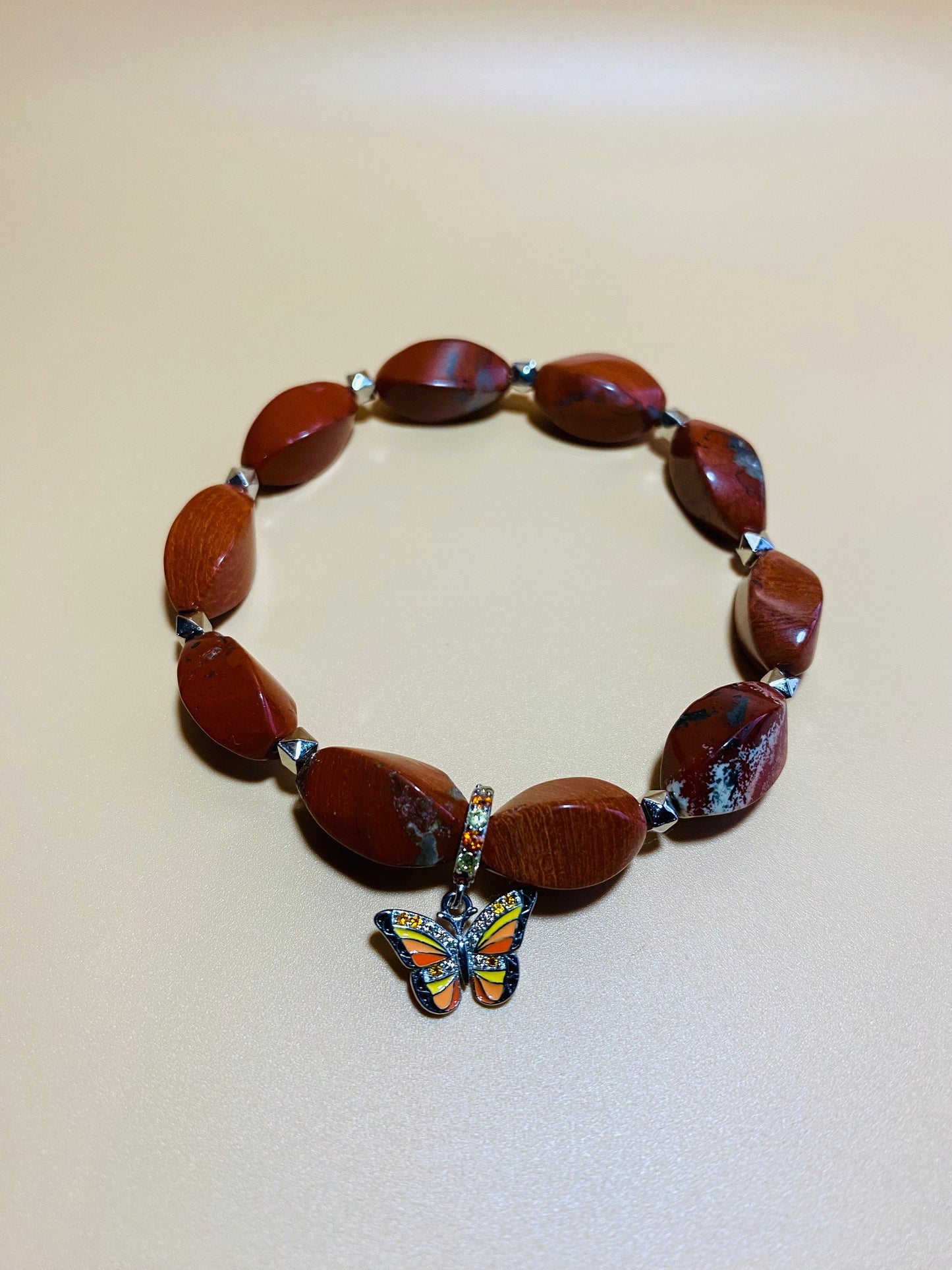Handmade Red Jasper Bracelet: Butterfly Charm, Gemstone Jewelry