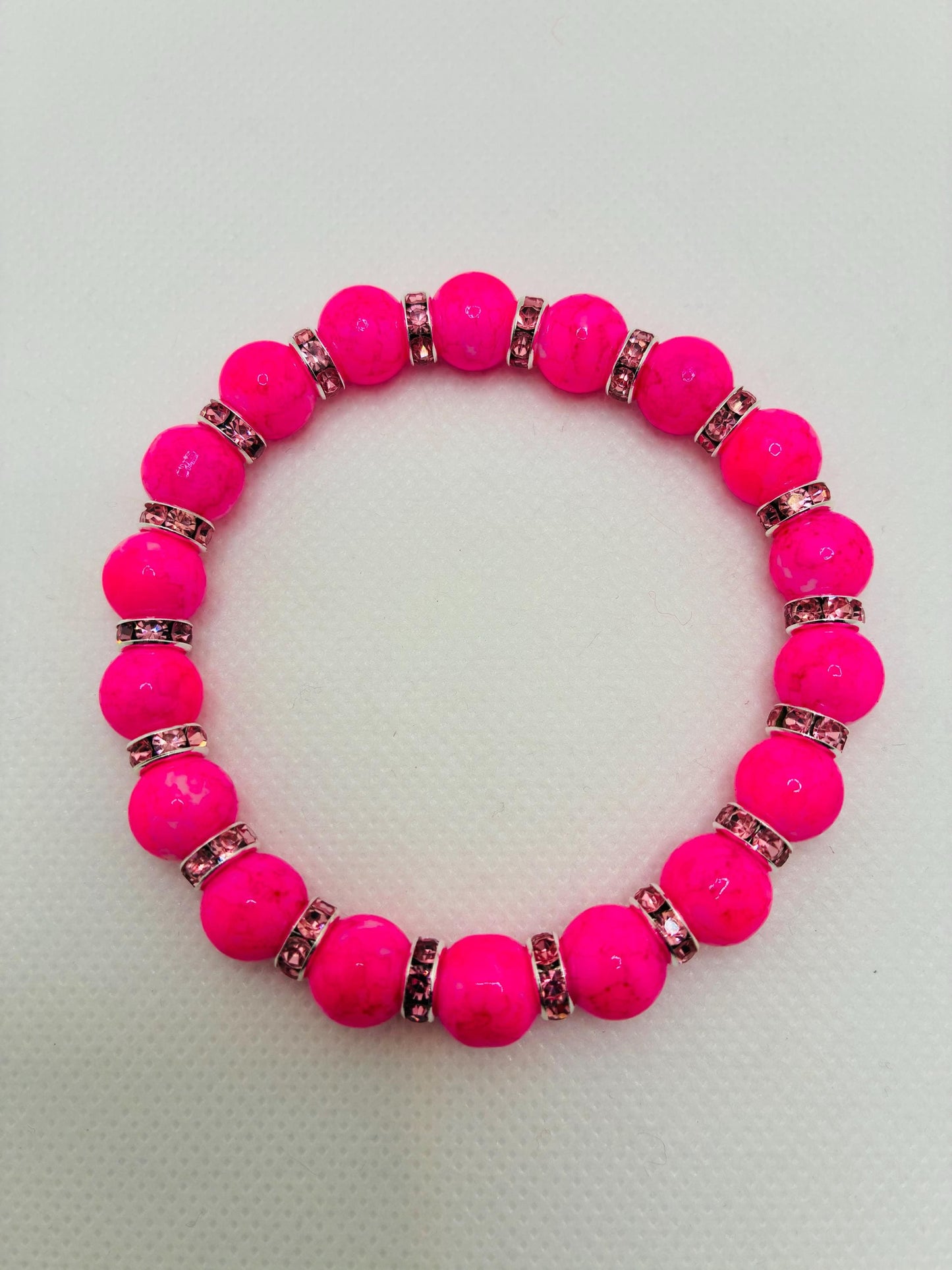 Hot Pink Crystal Glass Bead Bracelet with Silverplated Pink Rhinestone Rondelles