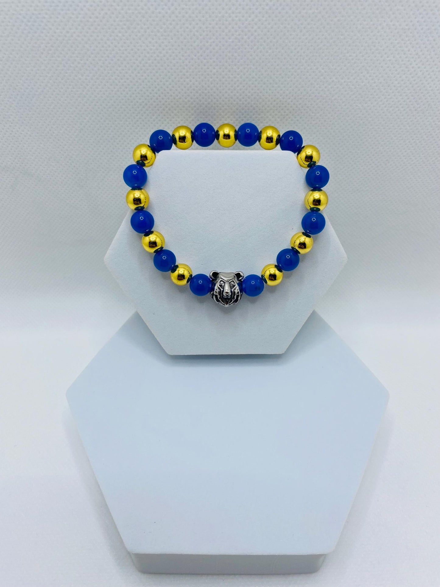UCLA Bruins Bracelet: Blue Agate, Gold Hematite, Bear Charm