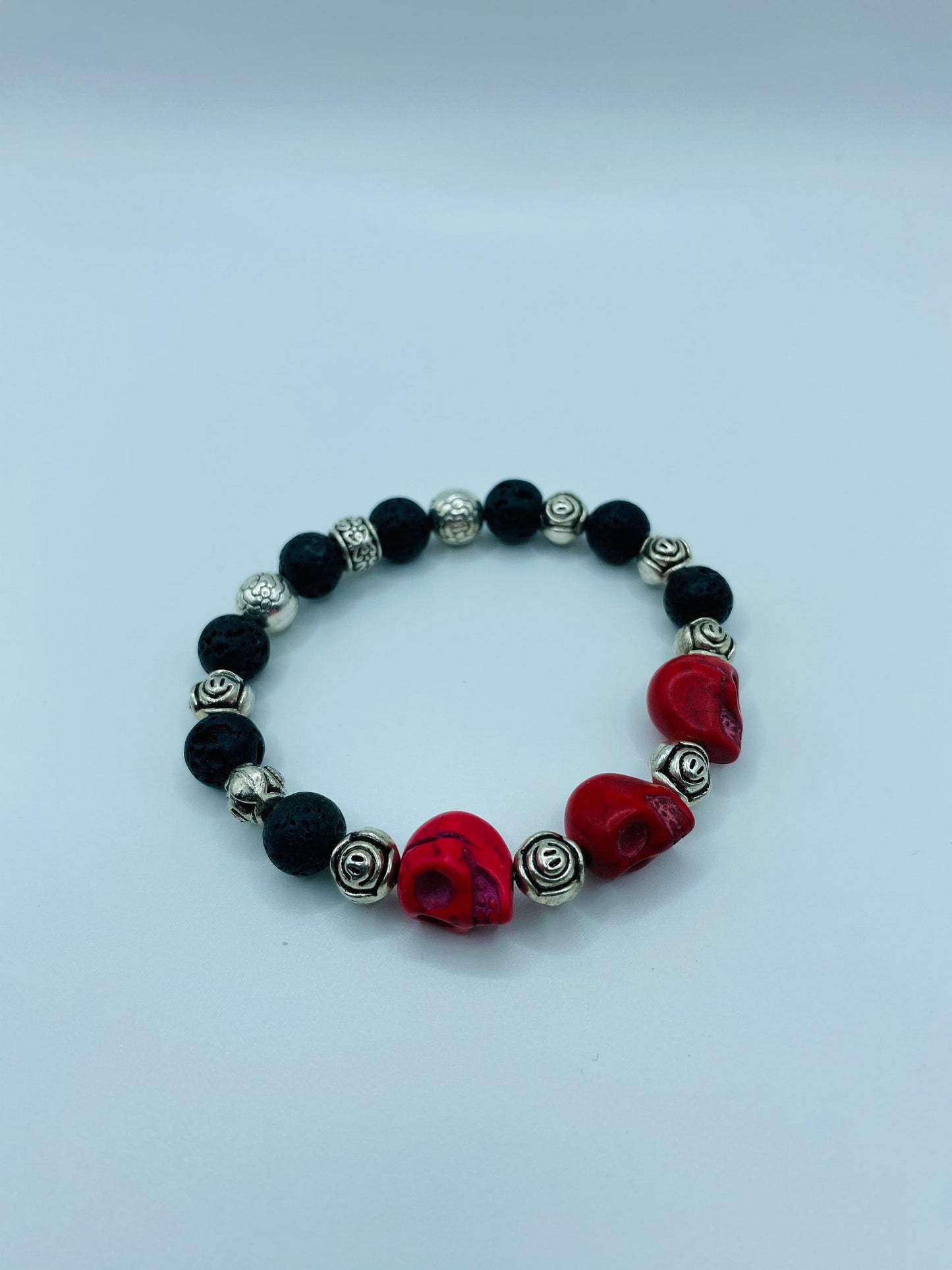 Day of the Dead Lava Rock Bracelet, Red Skull Beads & Metal flowers - Dia de Los Muertos - Gifts for Her