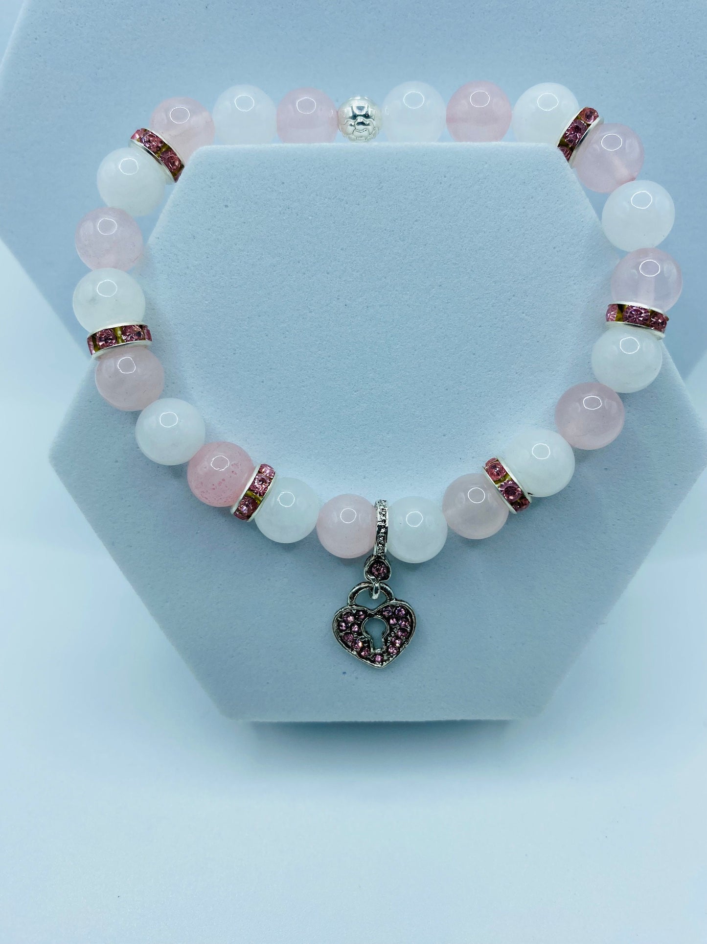 Heart Locket Charm Bracelet: Rose Quartz & White Jade Gemstone Beads
