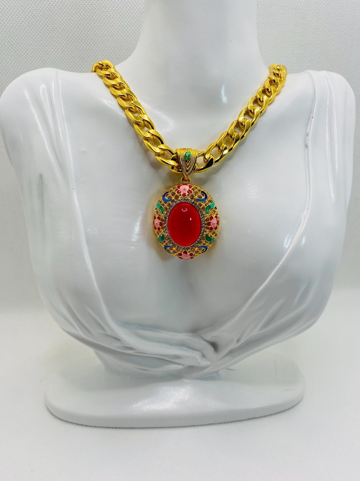 Red Agate Pendant Necklace: Gold Plated Cuban Link Chain Boho Jewelry