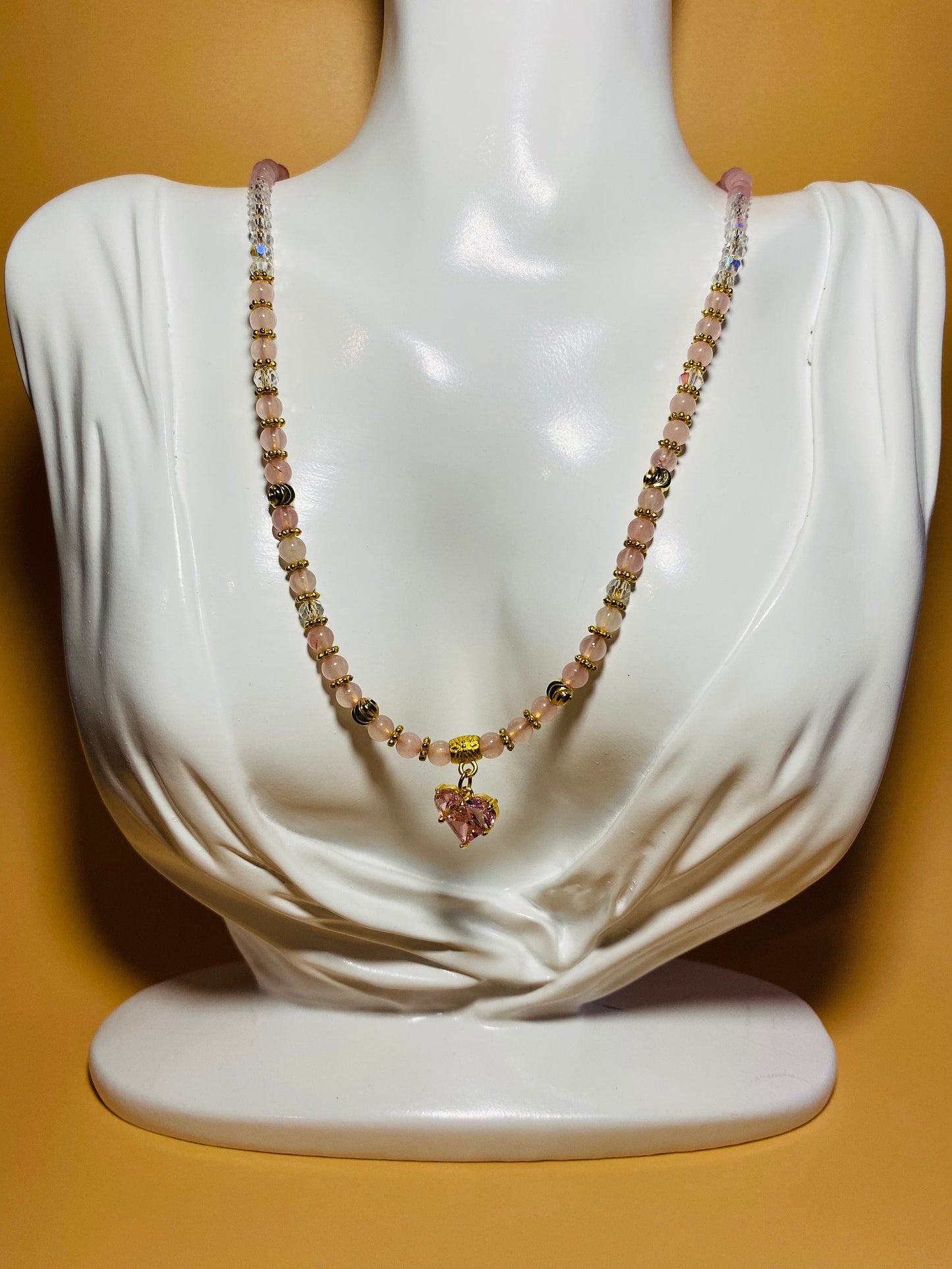 Pink Crystal Heart Pendant Necklace: Rose Quartz & Glass Beads
