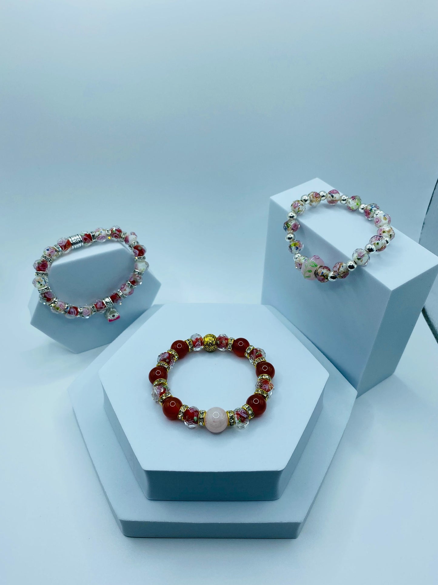 Rose Quartz Bracelet: Red Carnelian, Lampwork Floral Glass Beads