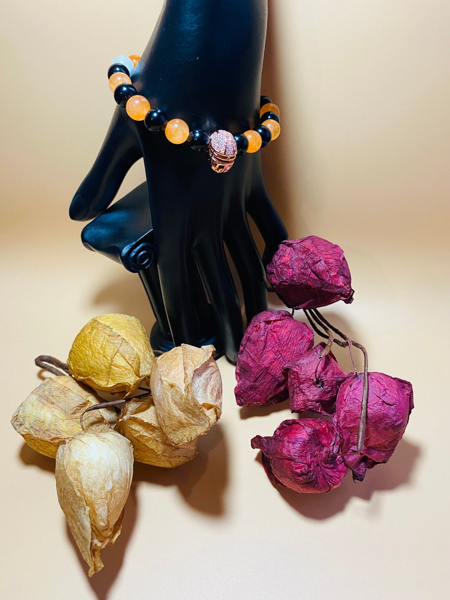 Cincinnati Bengals Bracelet: Onyx & Jade Gemstone Beads with Football Helmet