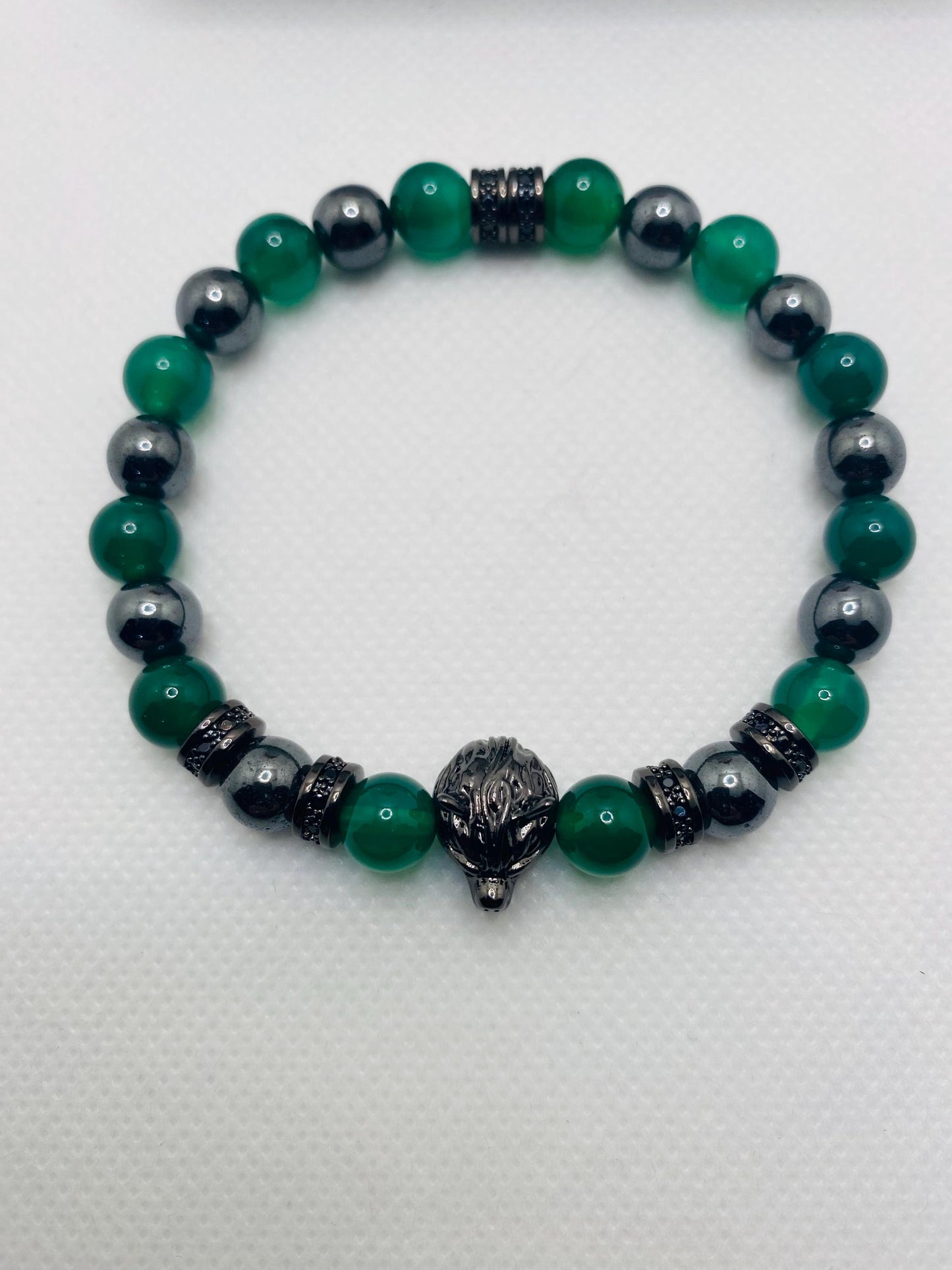 Black Wolf Charm Bracelet: Jade & Hematite Gemstone Beads
