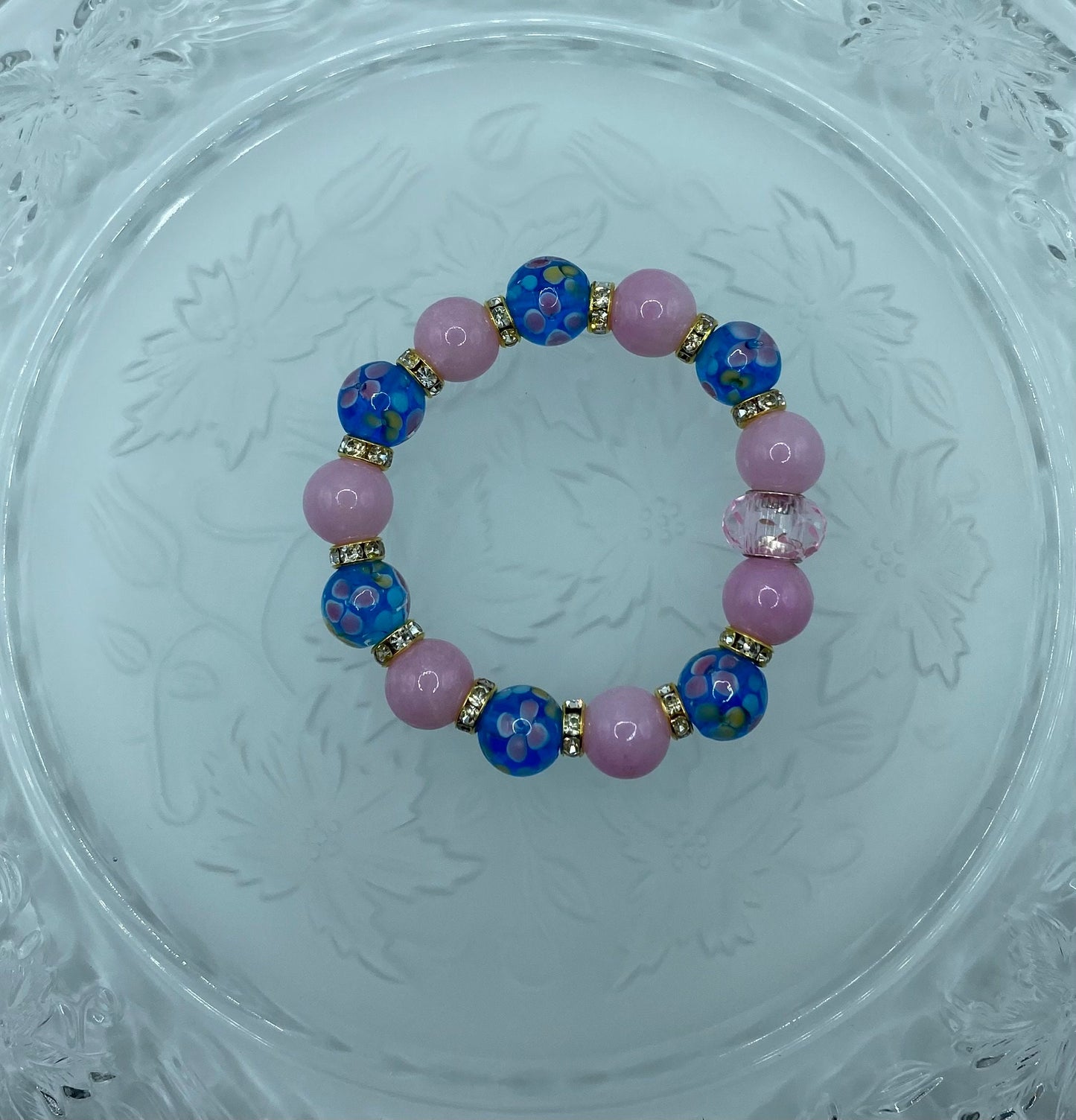Lavender Jade Bracelet: Blue Floral Lampwork Glass & Crystal