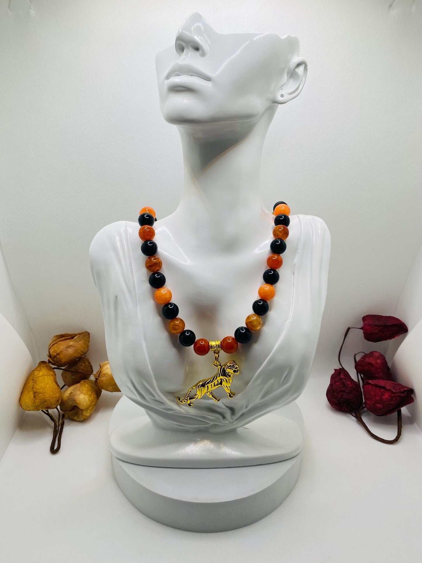 Cincinnati Bengals Charm Necklace for Men, Mens Necklace with Gemstone Beads, Tiger Pendant