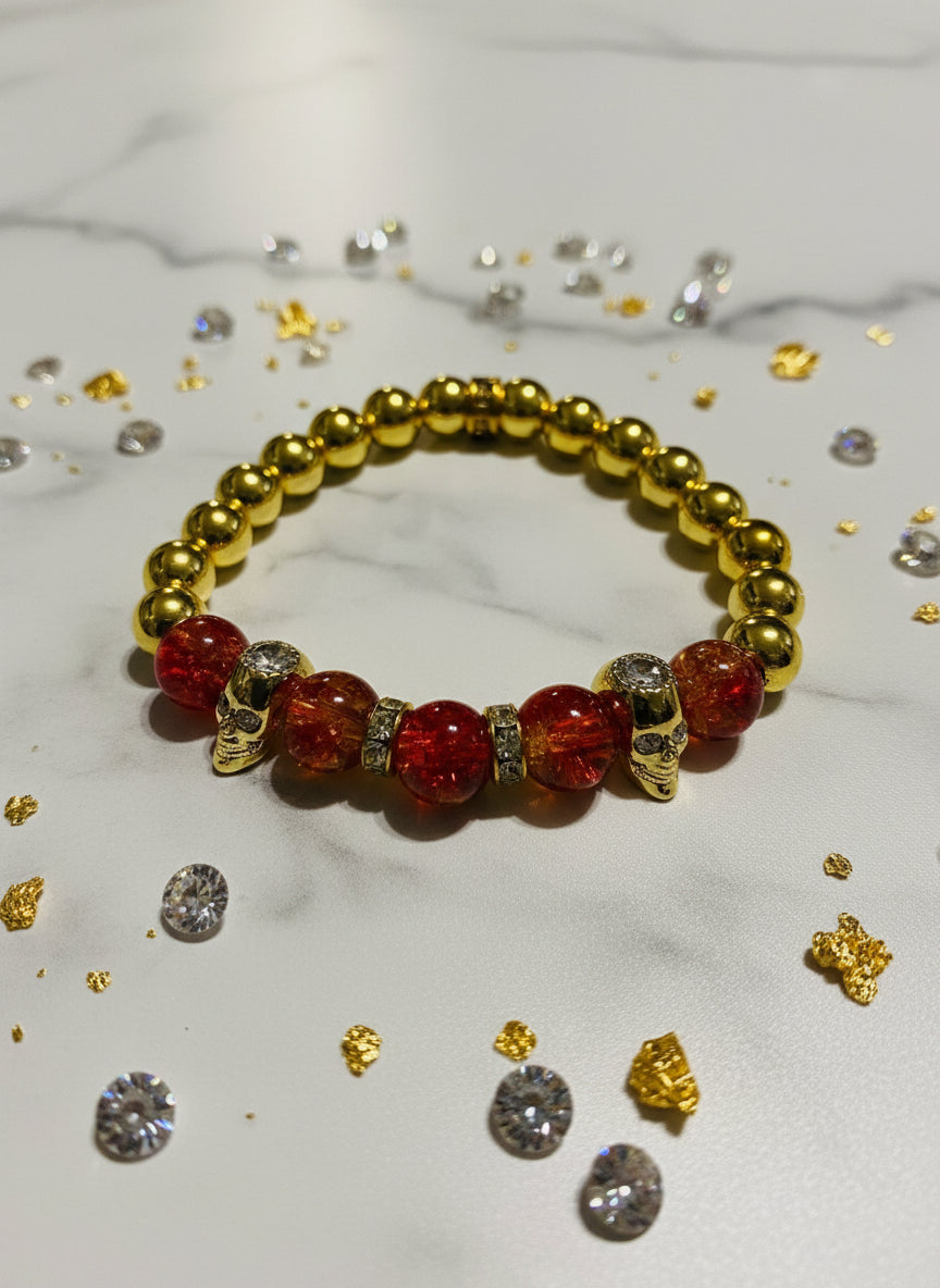 Men's Gold Hematite Bracelet: Red Crystal, CZ Skull Beads