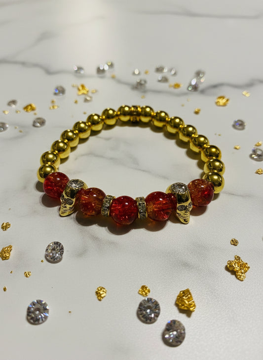 Men's Gold Hematite Bracelet: Red Crystal, CZ Skull Beads