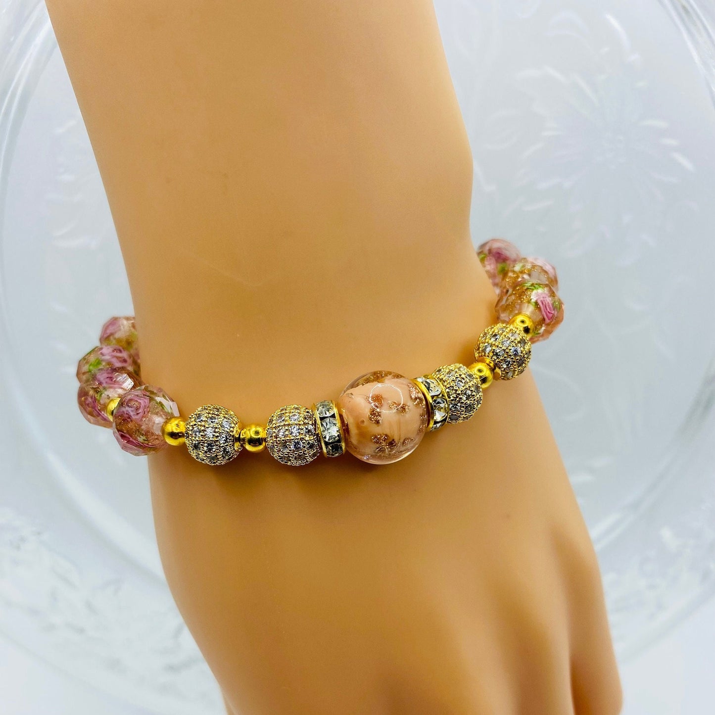 Gold Plated Hematite Bracelet: Pink Lampwork Murano Glass Floral Beads