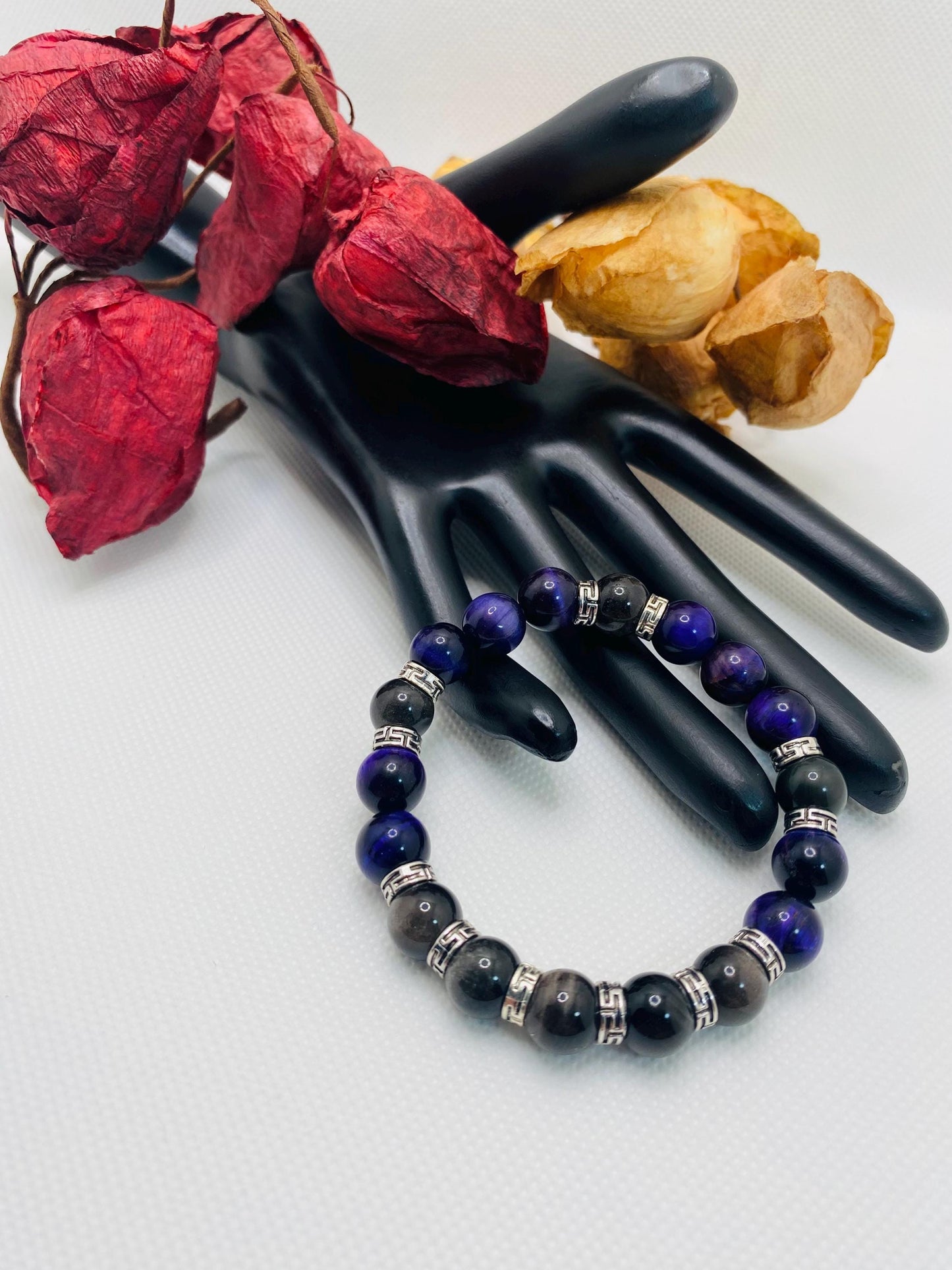 Tigers Eye Bracelet for Men: Black Obsidian & Tibetan Spacers