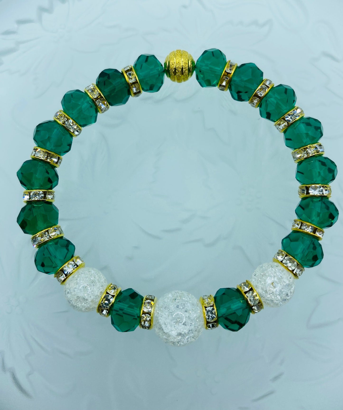 Emerald Green Crystal Bracelet: Crackle Quartz & Rhinestone Rondelles