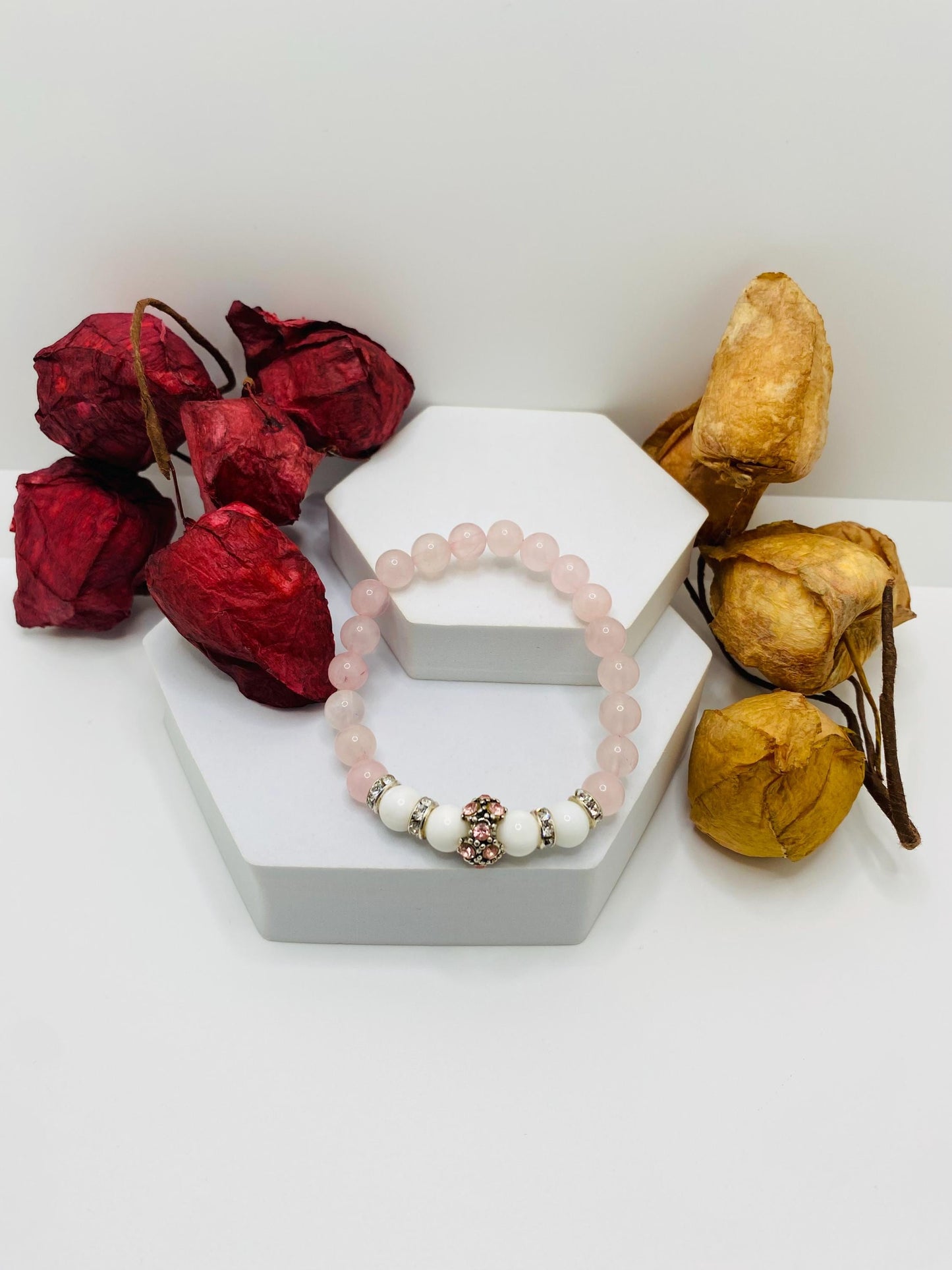 Rose Quartz Charm Bracelet: Agate Beads, Silver Rhinestone Charm
