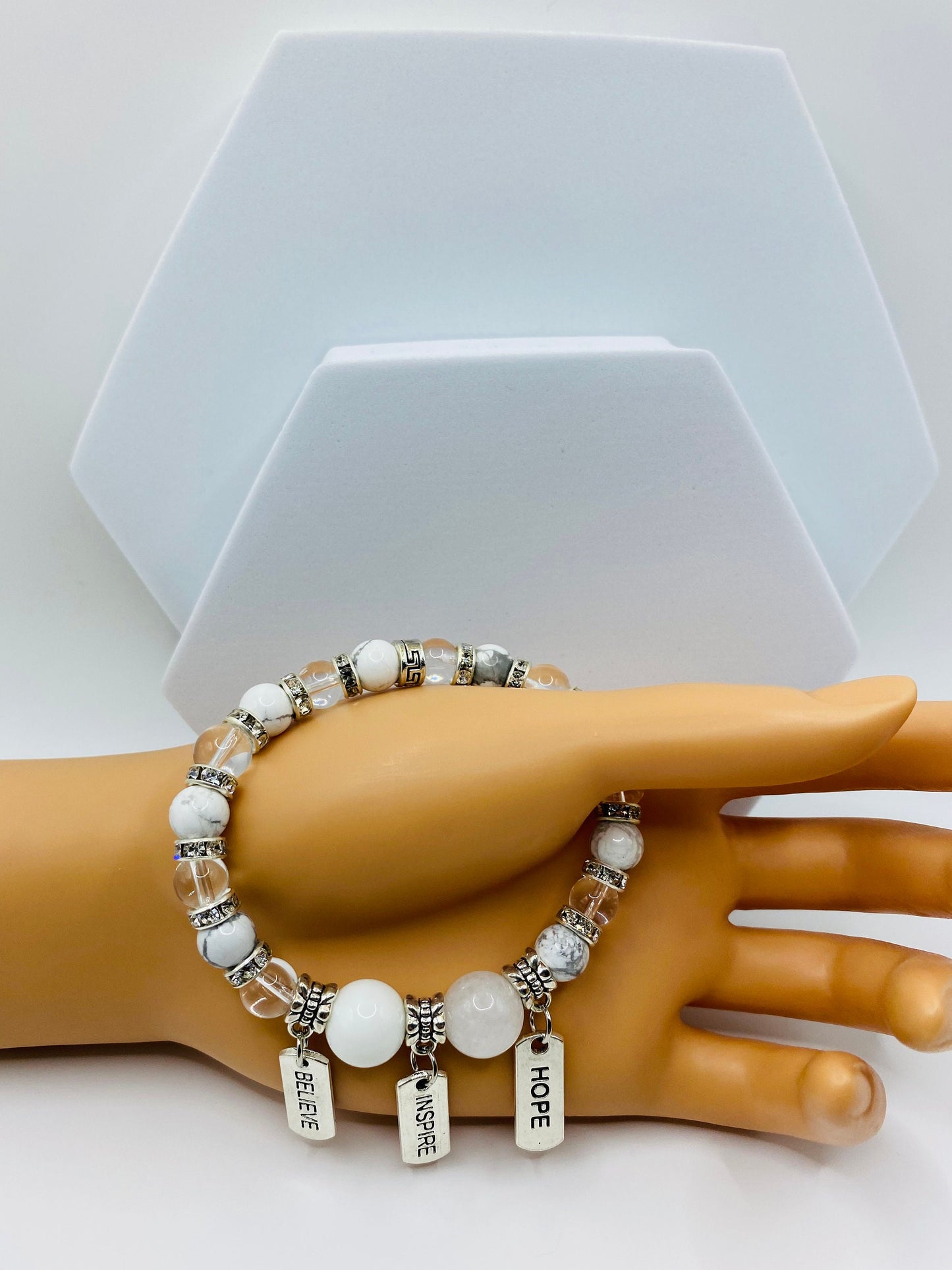 Inspirational Gemstone Bead Bracelet: Stainless Steel Word Charms