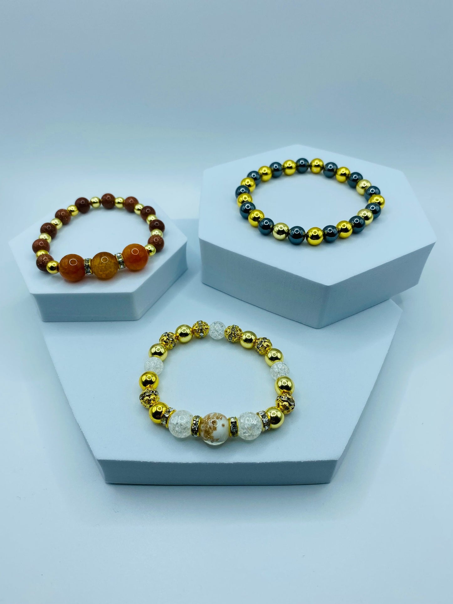 Gold Hematite Bracelet: Lampwork Glass & Crackle Quartz Crystal