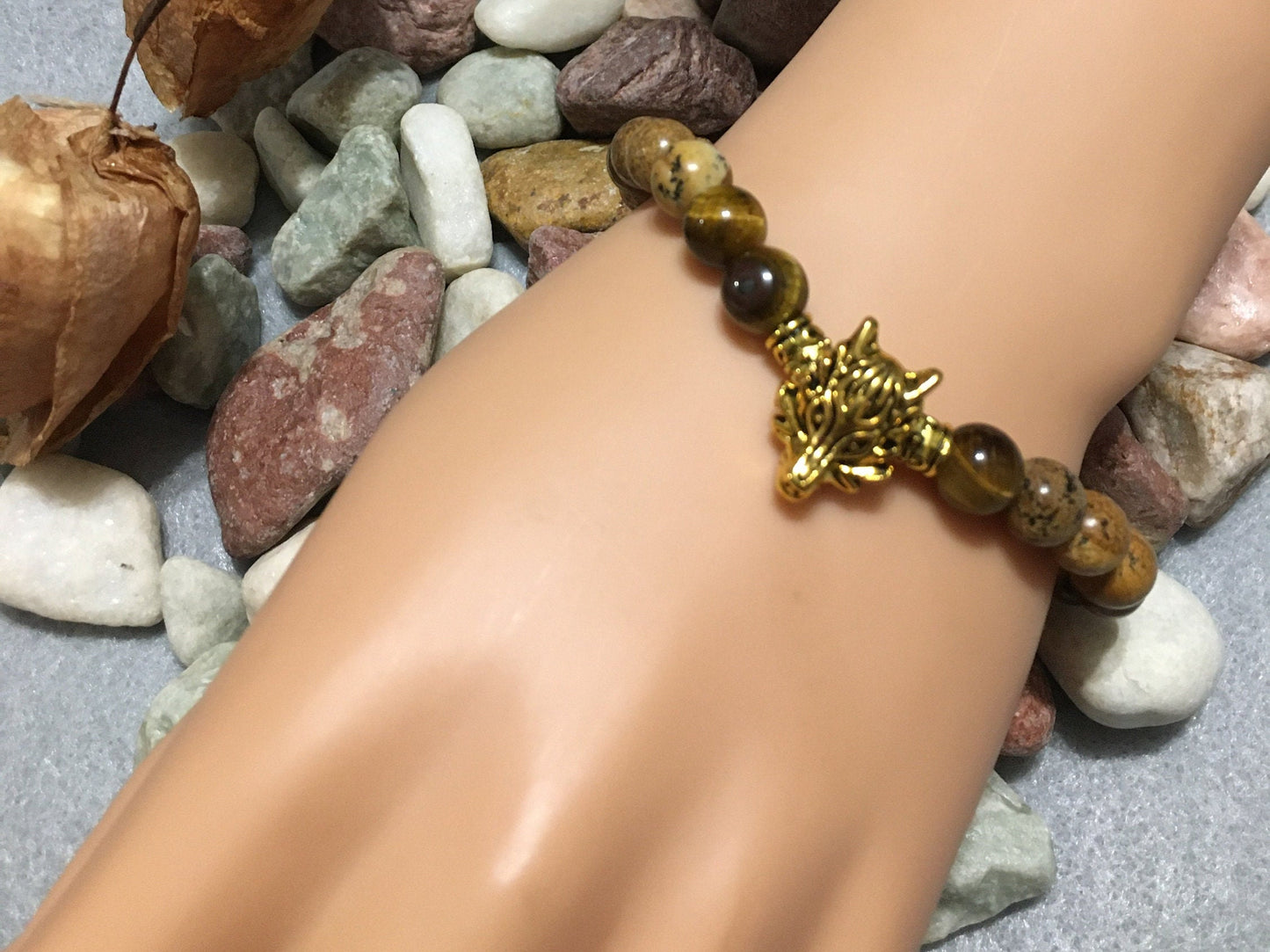Wolf Head Charm Bracelet: Jasper & Tiger's Eye Gemstone Beads