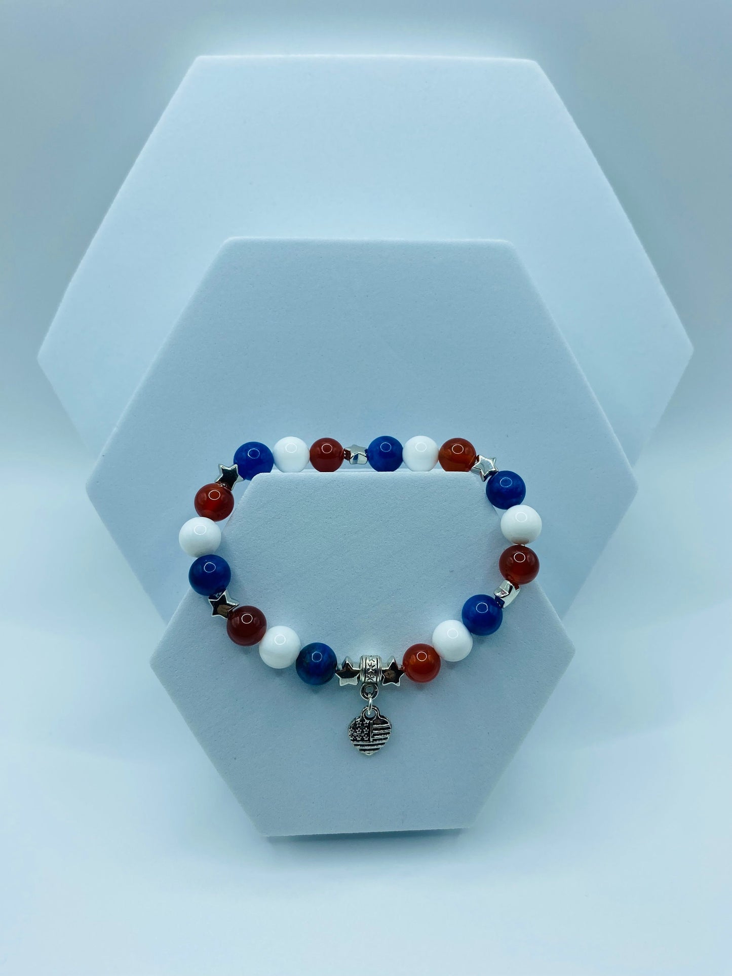 Handmade Jewelry Star Bracelet with Heart Shaped American Flag, Natural Gemstone Beads, Charm Bracelet