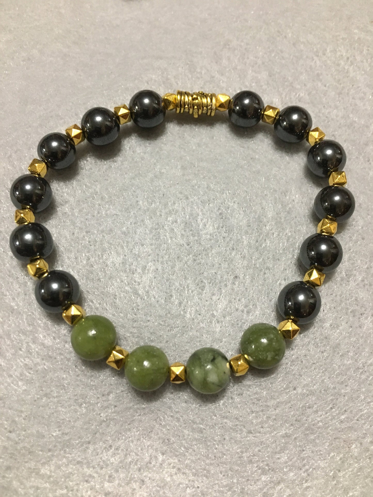 Handmade Jade & Hematite Bracelet: 18k Gold Plated Accents