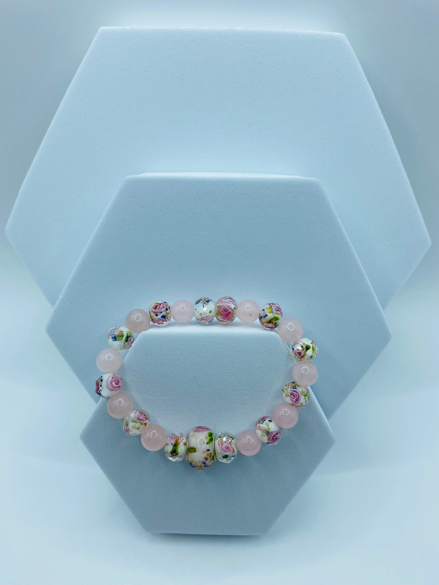 Rose Quartz Bracelet with Lampwork Floral Glass Beads