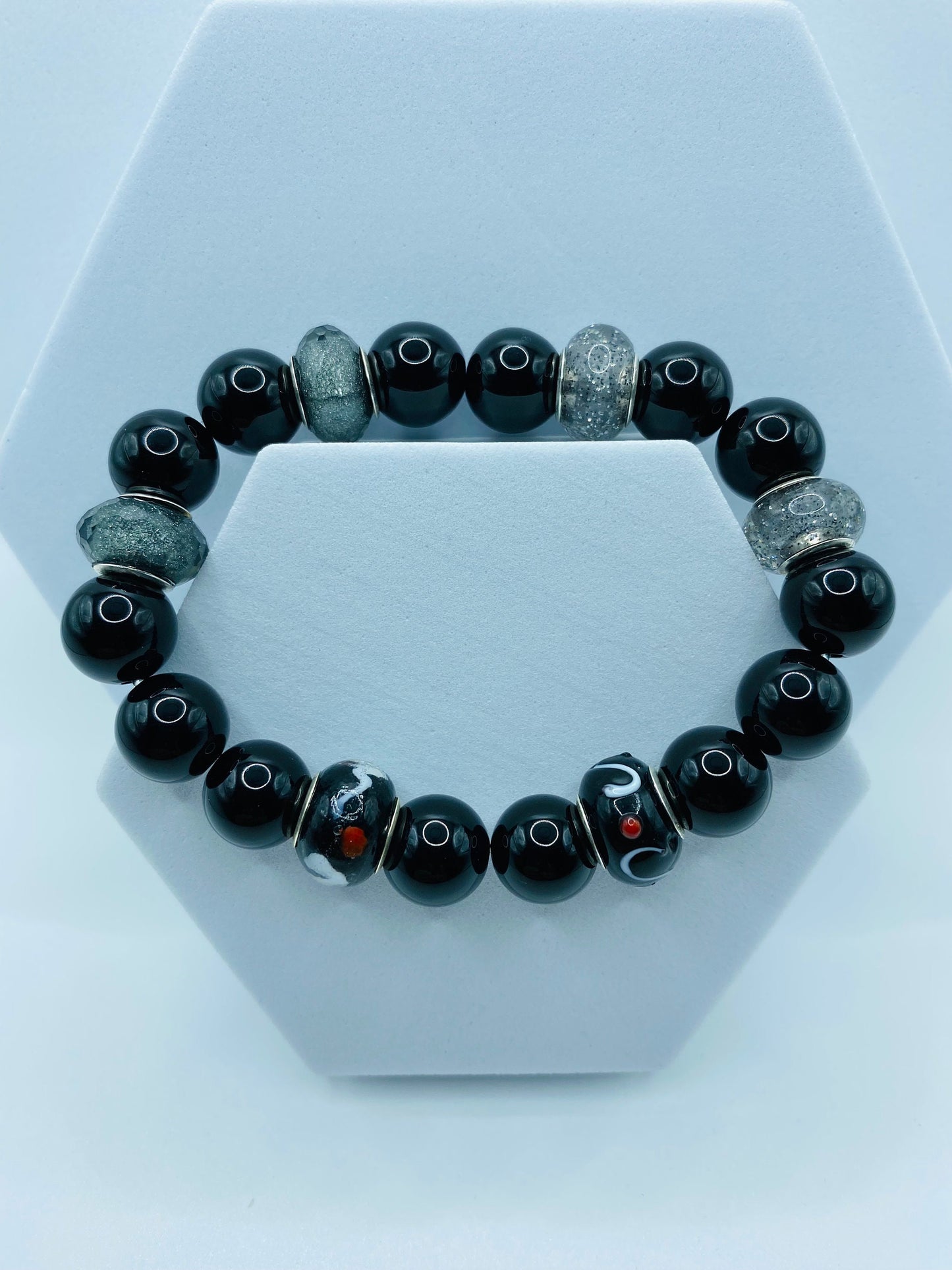 Black Onyx Bracelet: Murano Glass Beads, Chunky Gemstone Jewelry